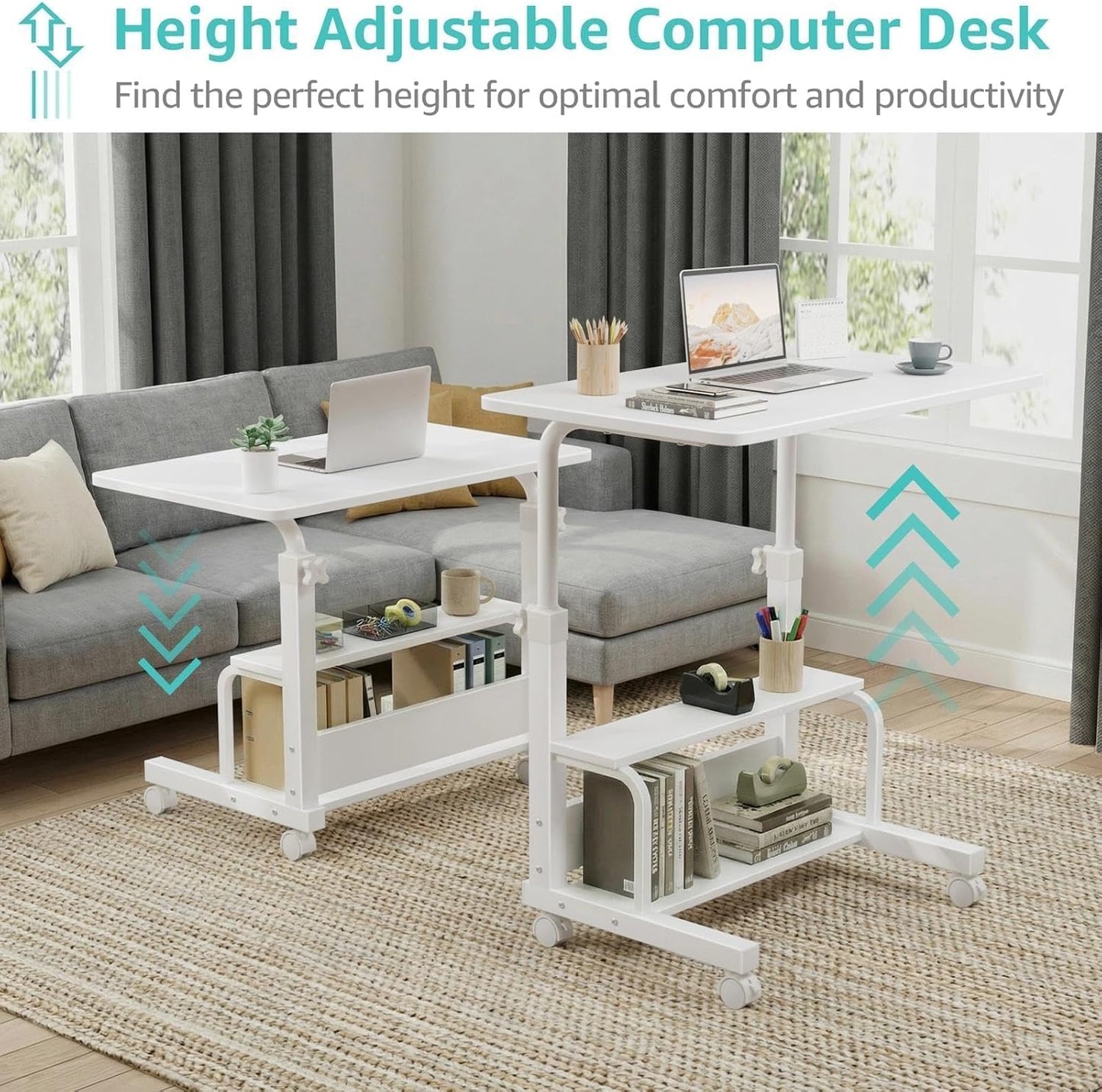 WINAZ Small Portable Laptop Rolling Desk - 32" Mobile Kids Desk with Wheels for Small Spaces, White，31.5"