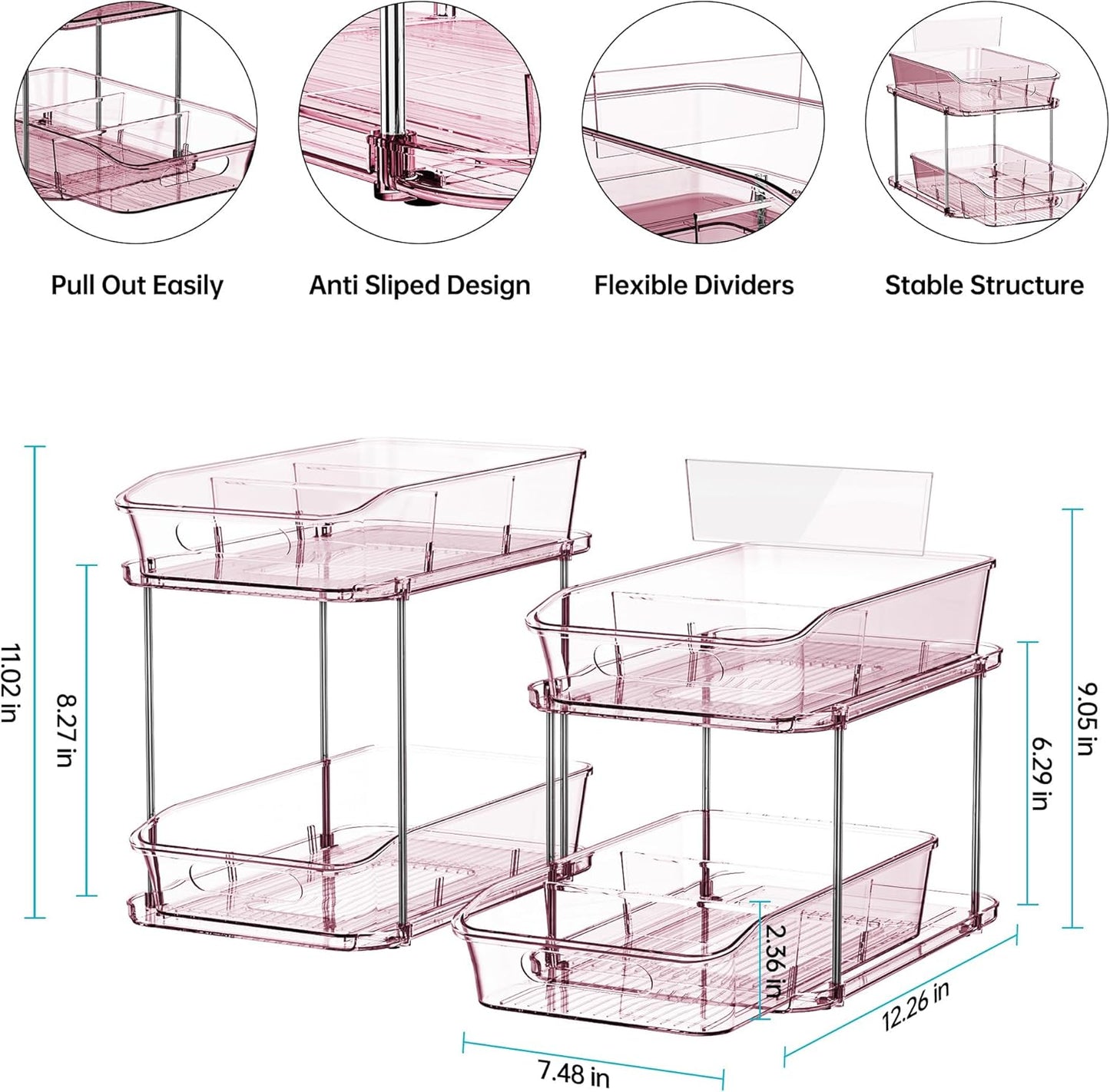 Delamu 2-Tier Under Sink Organizers and Storage, Multi-Purpose Stackable Bathroom Cabinet organizers, Pull Out Kitchen Pantry Organization and Storage with Dividers(2 Pack, Pink)