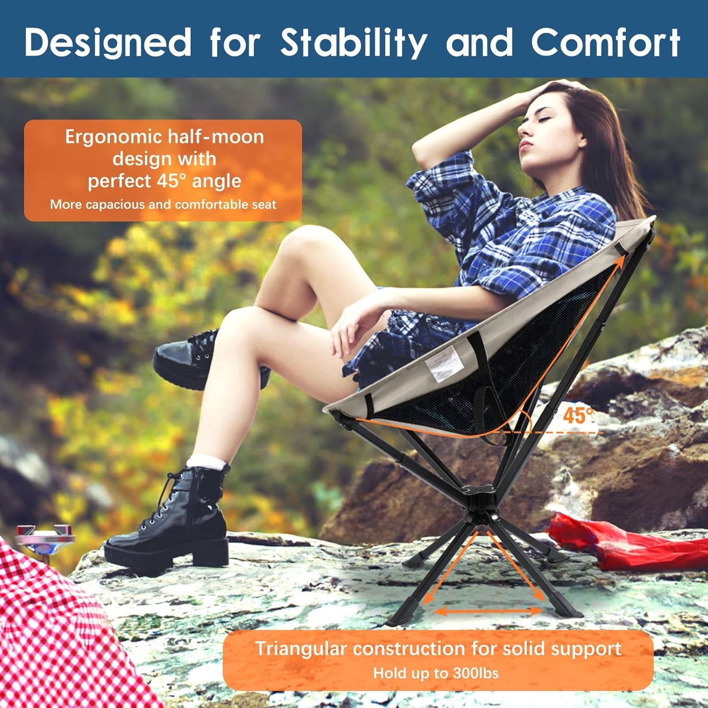 Raynesys Portable Camping Chair 1 Pack, 8 Seconds Quick Setup Folding Camping Chair, Flexible 360° Rotation, 3.8Lb Lightweight Travel Chairs for Easy Carry to Hiking, Sporting, Beach, Khaki
