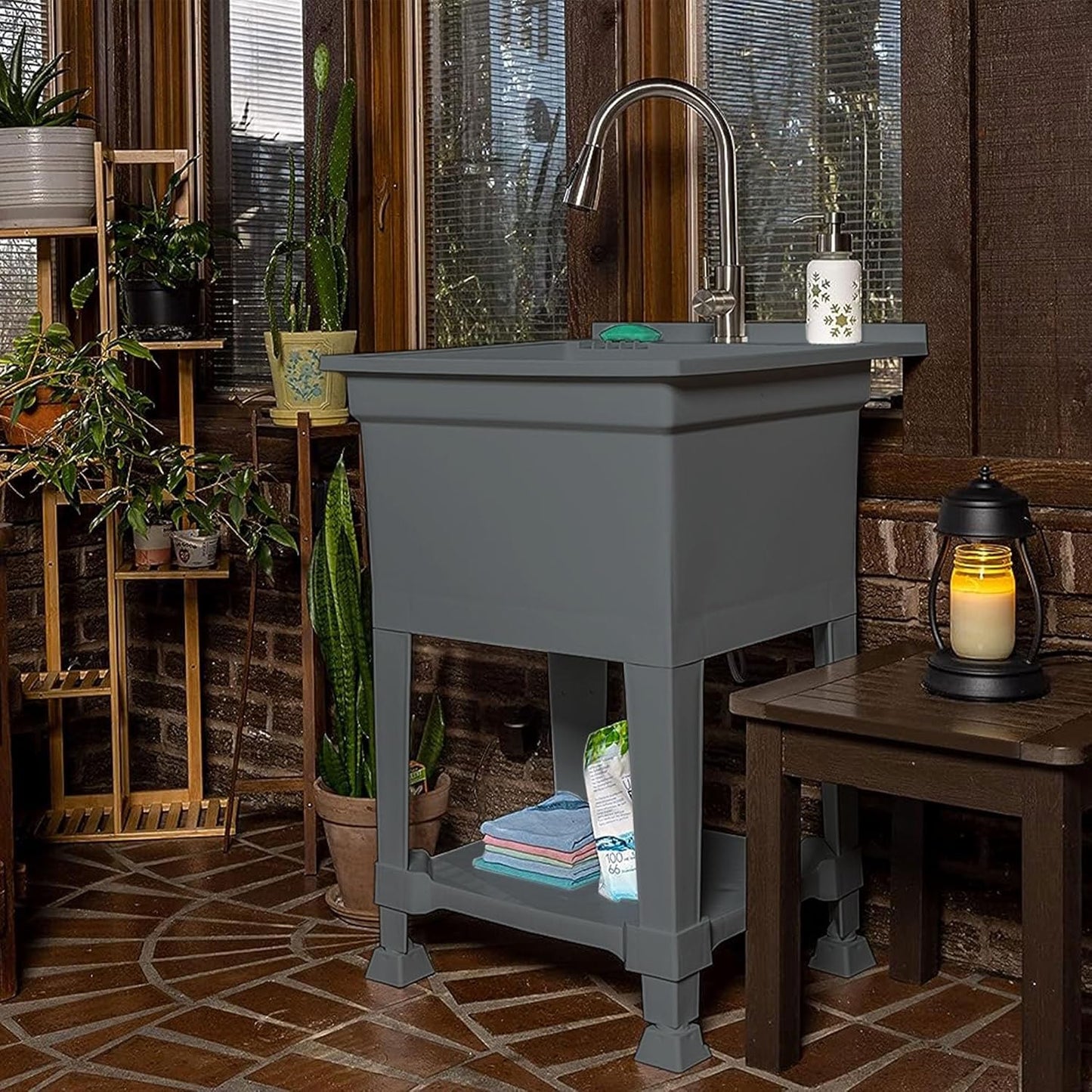 UTILITYSINKS Freestanding Utility Tub Sink with Quick Connect Drain, 24 x 24", Gray - Portable and Compact Sink with Faucet for Outdoor Kitchen, Laundry Room, Garage, and Basement