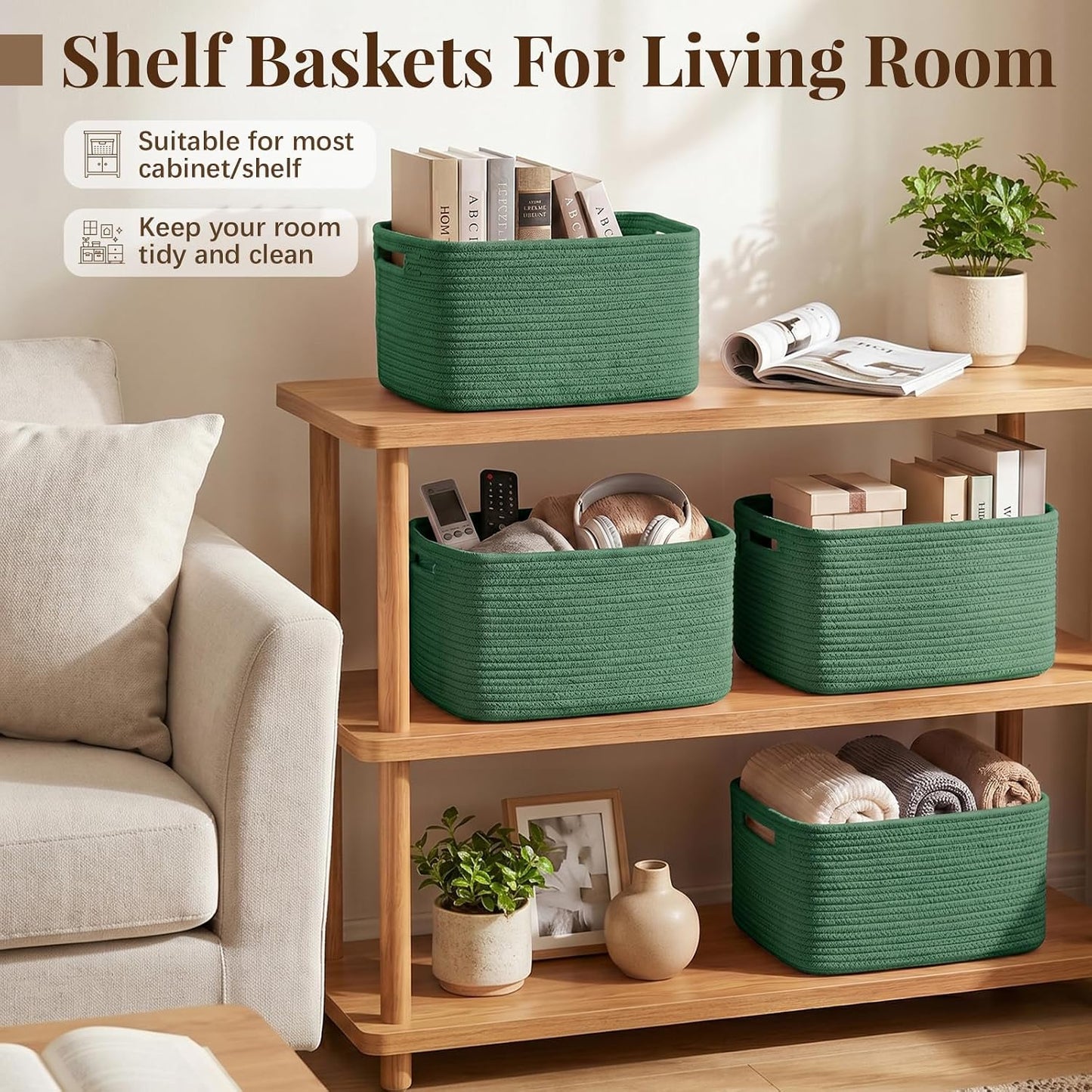 OIASKET 4Packs Natural Cotton Rope Storage Baskets for Organizing Toys, Clothes, Towels & Books, Soft Versatile Organizers for Shelves, Home Decorative Bins, 13''Lx9''Wx7.8''H, Green