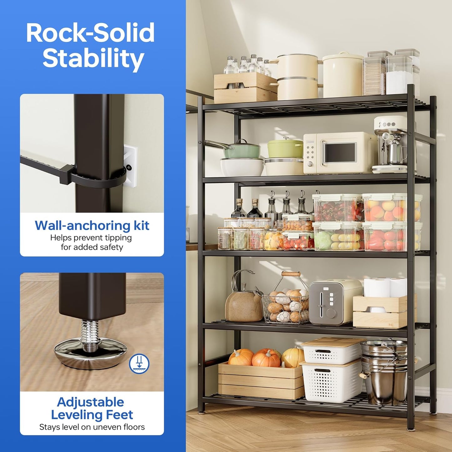 Storage Shelves, 5-Tier Metal Shelving Unit with Adjustable Feet, Shelf Organizer for Garage, Kitchen, Pantry and Closet Organization, 36.4" x 11.8" x 68.3", Black