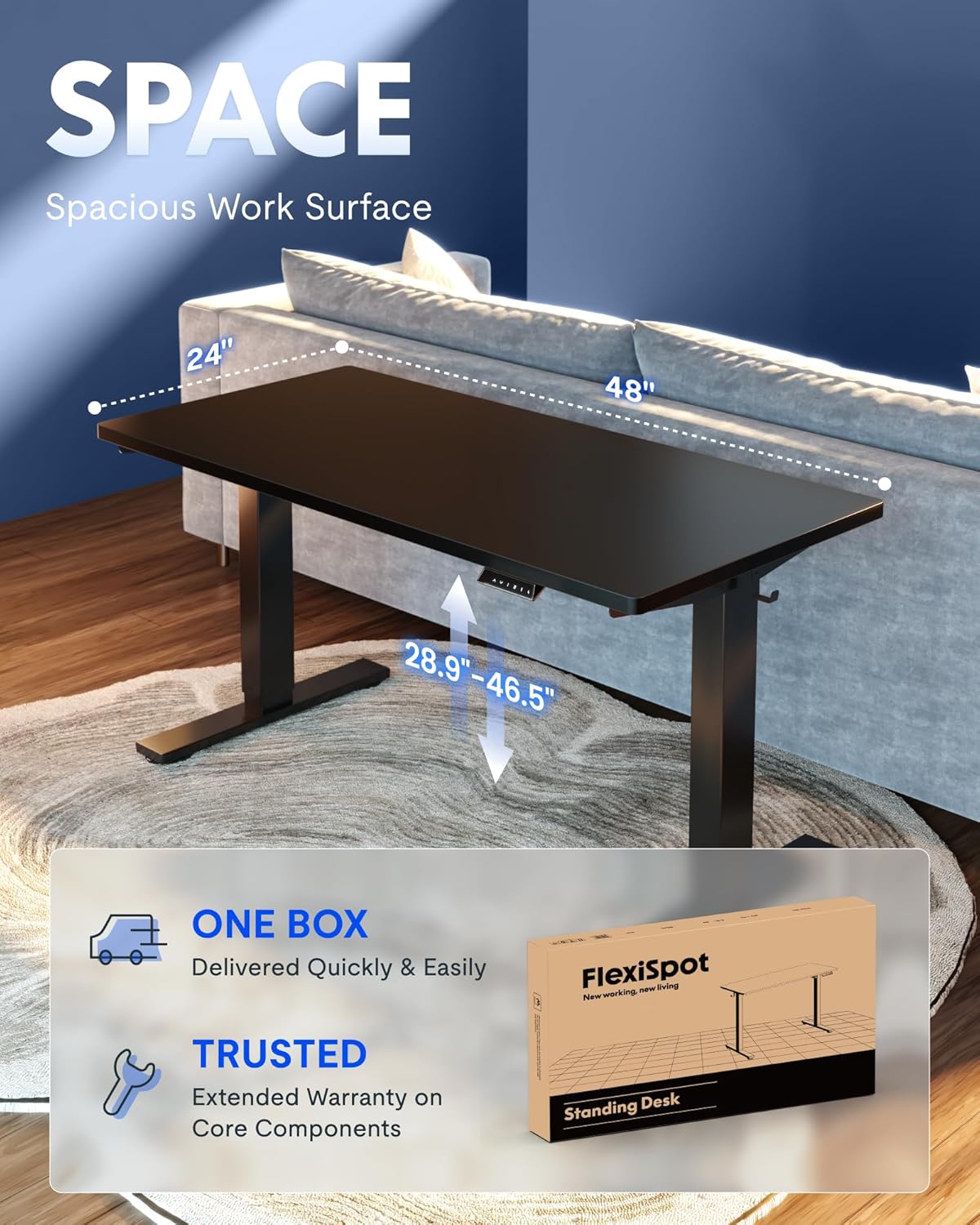 FLEXISPOT EN1 One-Piece Standing Desk, Electric Adjustable with 4 Memory Presets, 176 LBS Capacity, Stable & Quiet, Seamless Desktop for Home Office & Dual Monitors, 48"x24" Black