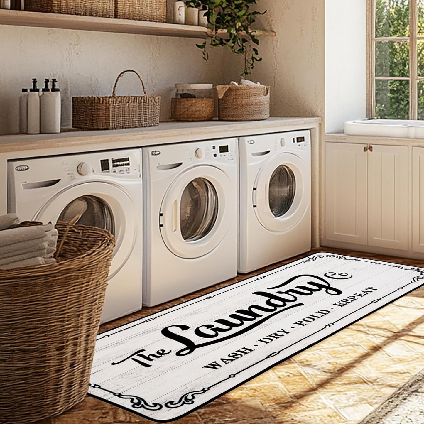 Laundry Room Rug Runner 20"X49" TPR Non Slip Farmhouse Laundry Rugs for Laundry Room Decor Washable Runner Rugs for Kitchen Floor Mudroom and Bathroom-White