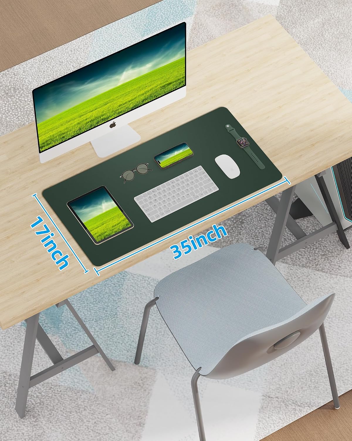 Leather Desk Pad Blotter,Mouse Pad,Office Desk Mat, Non-Slip PU Leather Desk mat,Large Desk mat,Waterproof Keyboard mat for Office/Home/Decor (Dark Green,35" x 17")