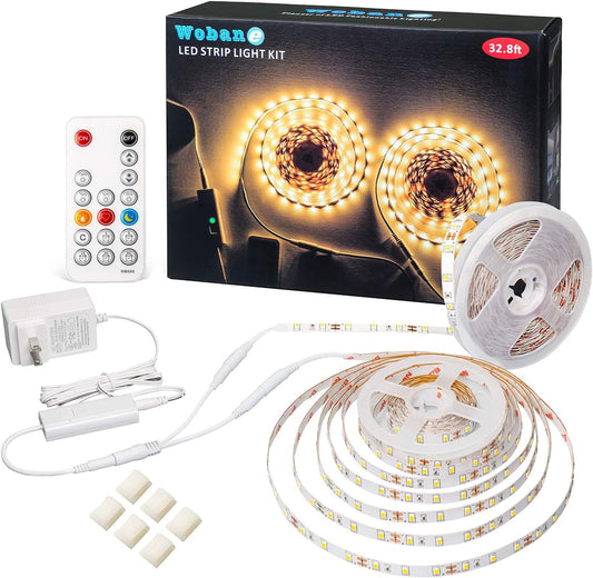 WOBANE 32.8ft Warm White LED Strip Lights with Remote,Dimmable Tape Lights