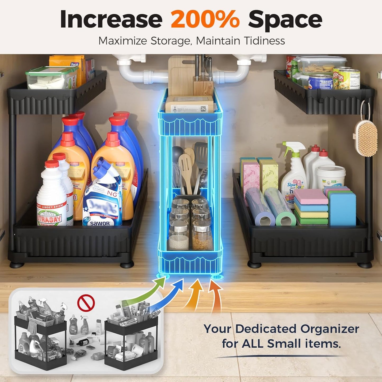 Sevenblue 3 Pack Multi-Purpose Pull-Out Storage Organizers, 2-Tier L-Shaped Under Sink/Cabinet Organizers and Storage for Bathroom & Kitchen, (Black, 12.85 Inches)