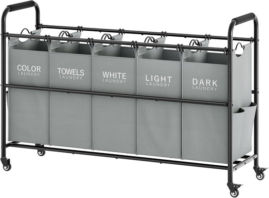 Tajsoon Laundry Sorter, Laundry Hamper 5 Section with Heavy Duty Rolling Lockable Wheels, Laundry Basket Organizer with Removable Bags for Dirty Clothes Storage, Grey
