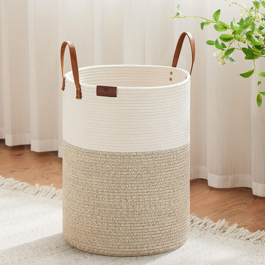 VIPOSCO 53L Tall Woven Rope Laundry Hamper, Leather Handles, White & Brown