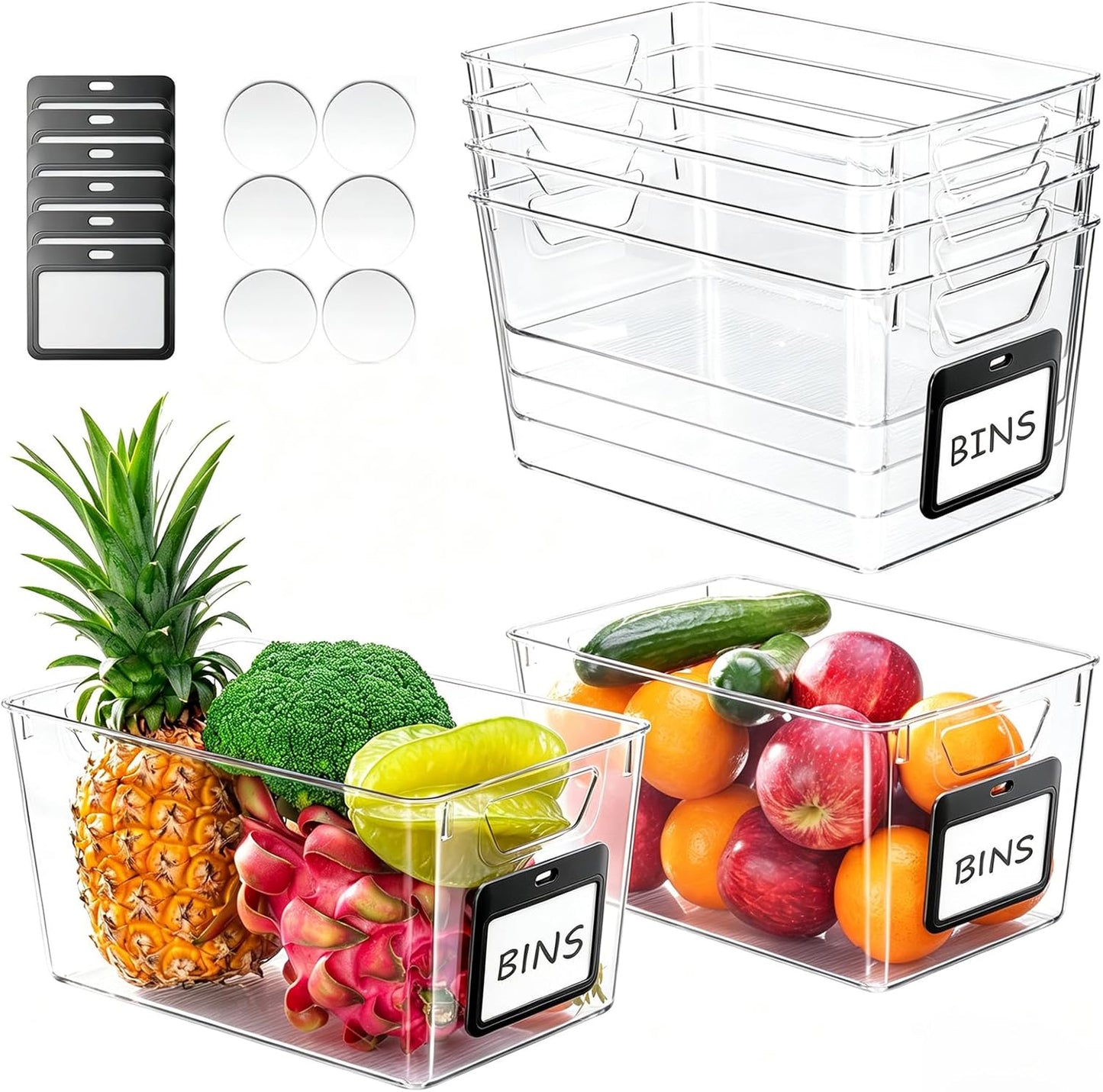 iCASA Clear Organizer Bins - 6 Pack Plastic Pantry Organizers & Storage Containers with Handles & Labels, Home Organization Must Haves for Kitchen, Under Sink, Cabinet Fridge, Bathroom, Shelf, Laundry