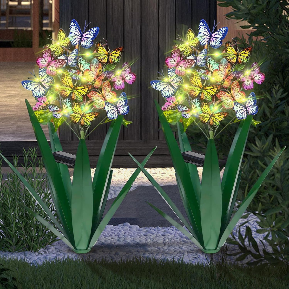 Homight Solar Metal Agave Butterfly Flower Stick Garden Sculpture Outdoor Gift Solar Garden Christmas Lights Swaying Butterfly Sunflower Garden Lights Solar Outdoor Statues (3 PCS Light Green)