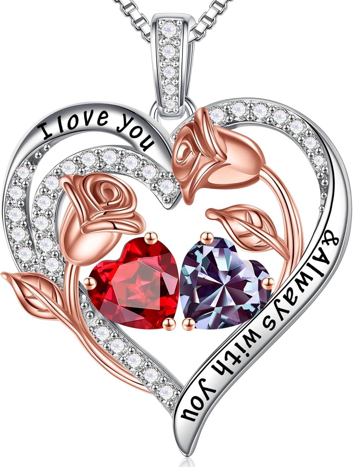 Iefil Birthstone Necklace for Women - Rose Heart Necklace
