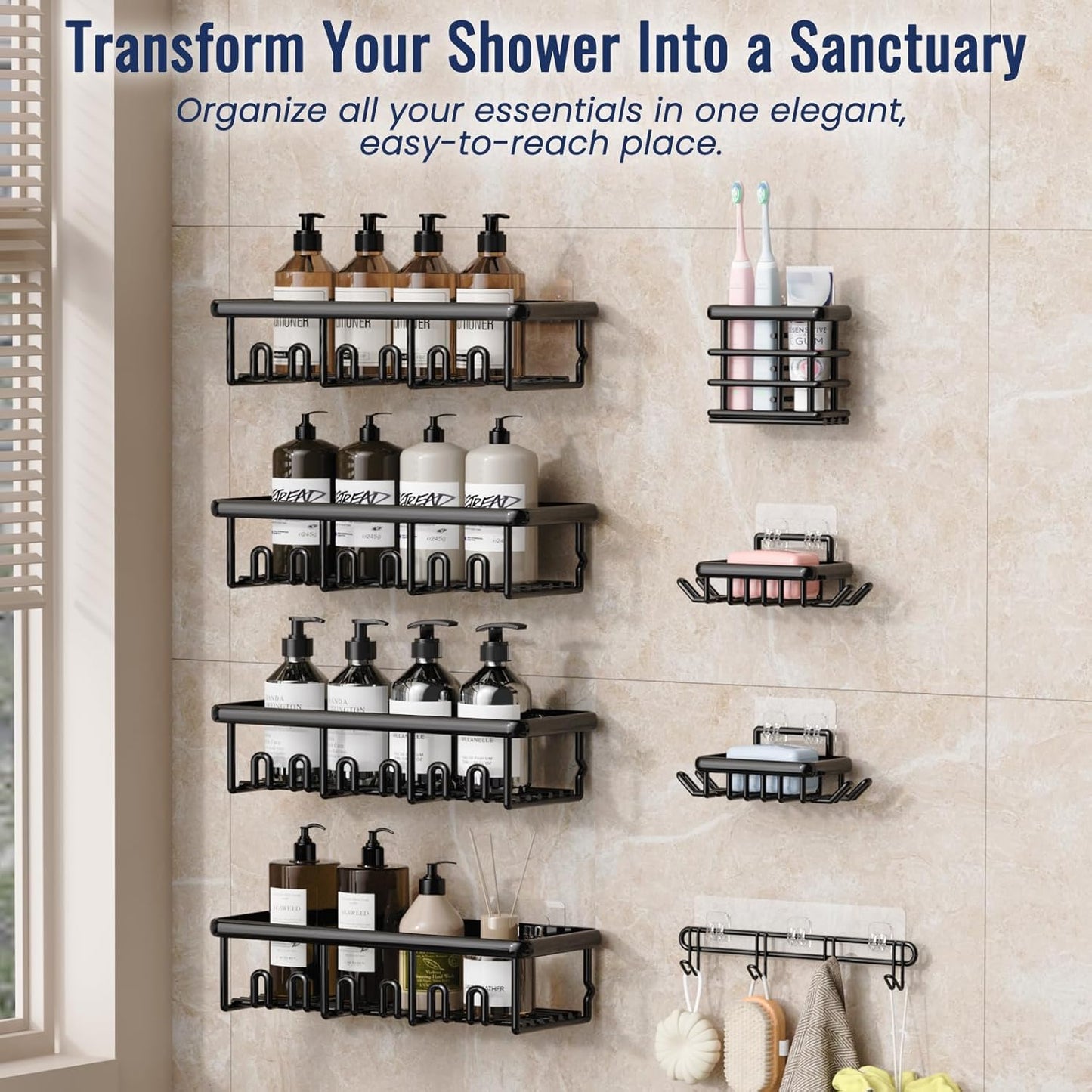 8 Pack Adhesive Rustproof Shower Caddy with Soap Dishes, Toothbrush Holder & Hooks, Large Capacity No-Drilling Shower Shelves Rack for Bathroom Organizers and Storage Accessories, Black