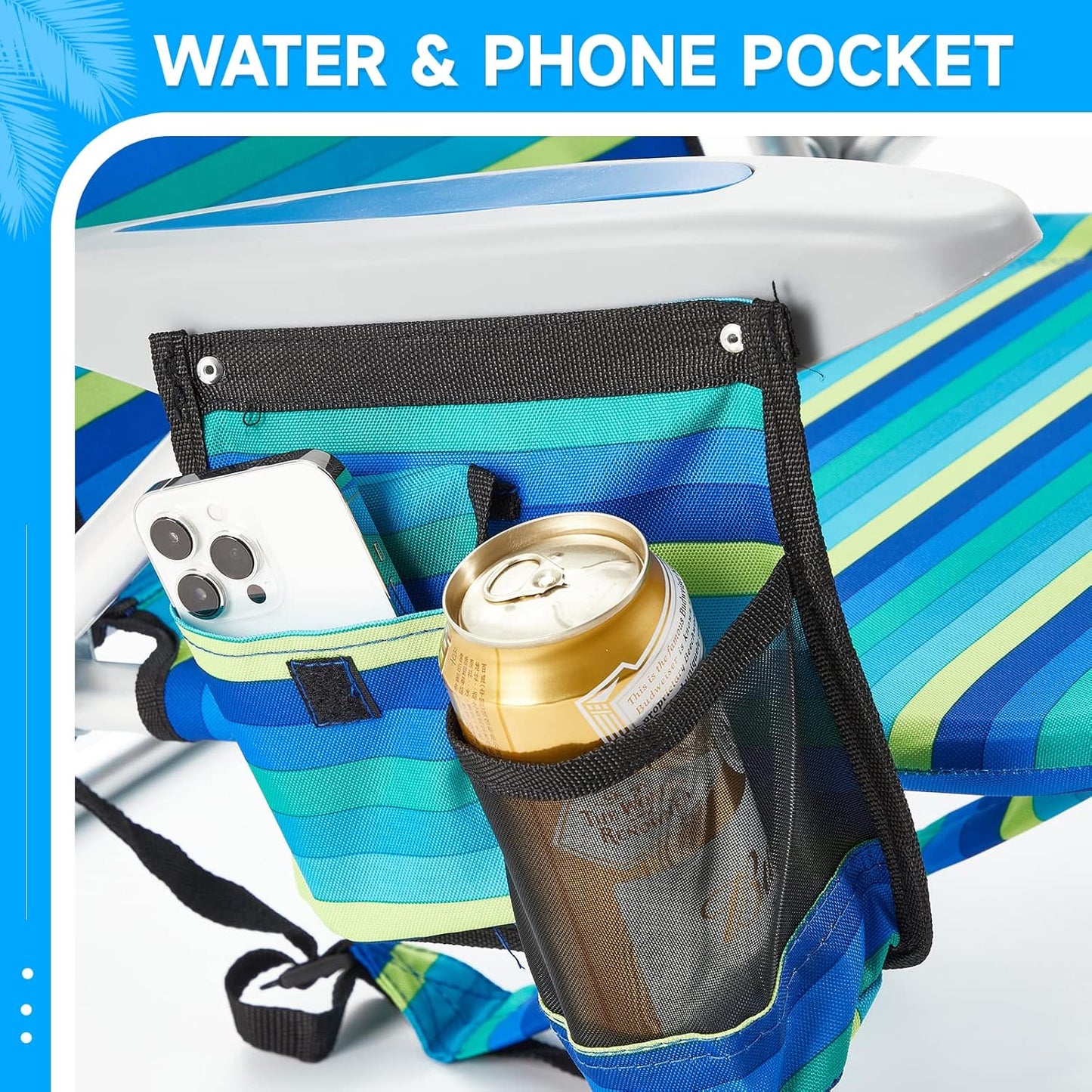 Portable Beach Chair for Adults, Outdoor Camping Chair Lay Flat Folding Backpack Beach Reclining Chair with 5 Positions, Headrest, Cup Holder, Heavy Ocean Striped
