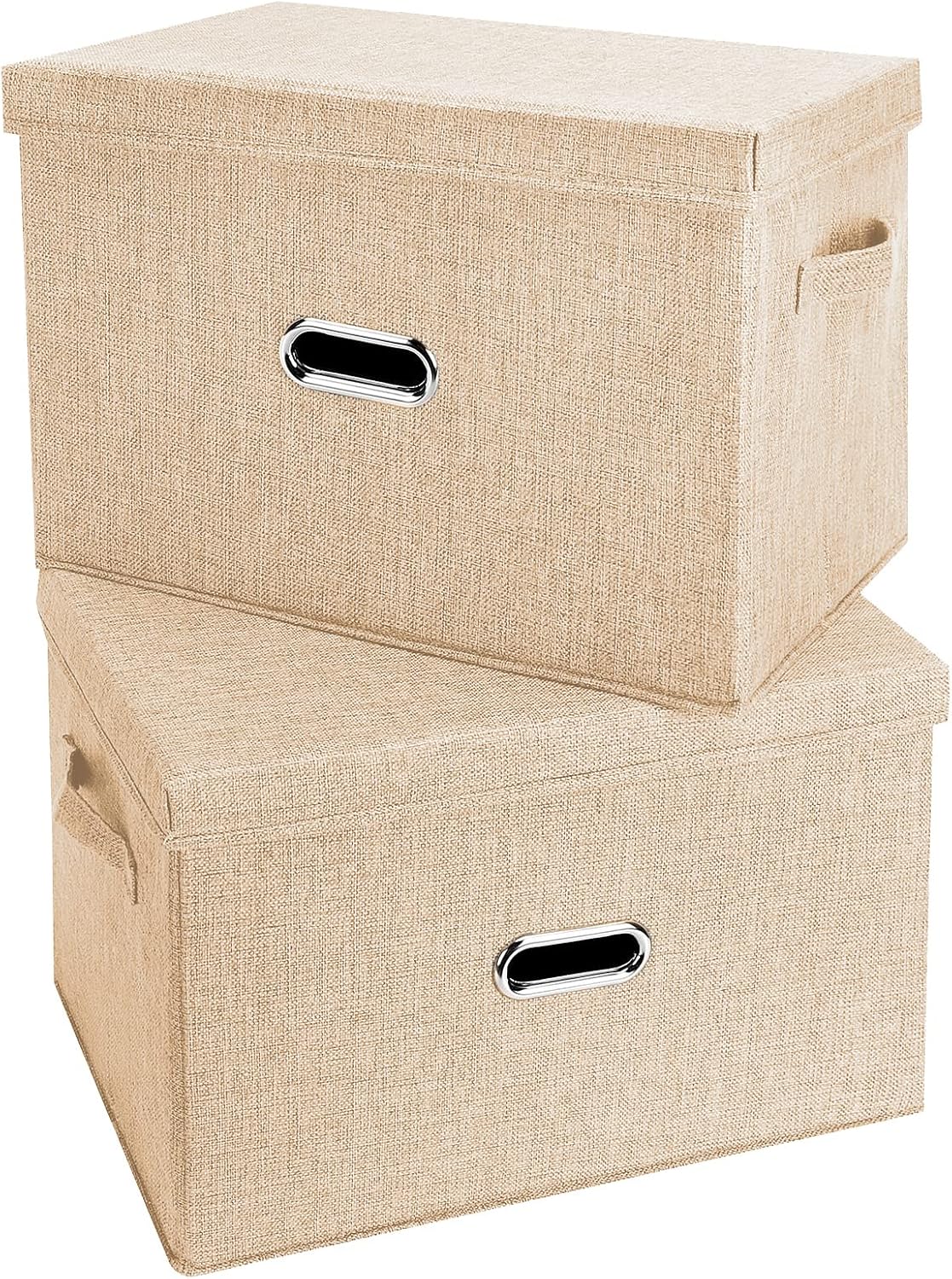 Large Linen Fabric Foldable Storage Bins with Removable Lid and Handles, Washable Storage Box Organizer Containers Baskets Cube with Cover for Bedroom,Office (Khaki, Extra Large(2-Pack))