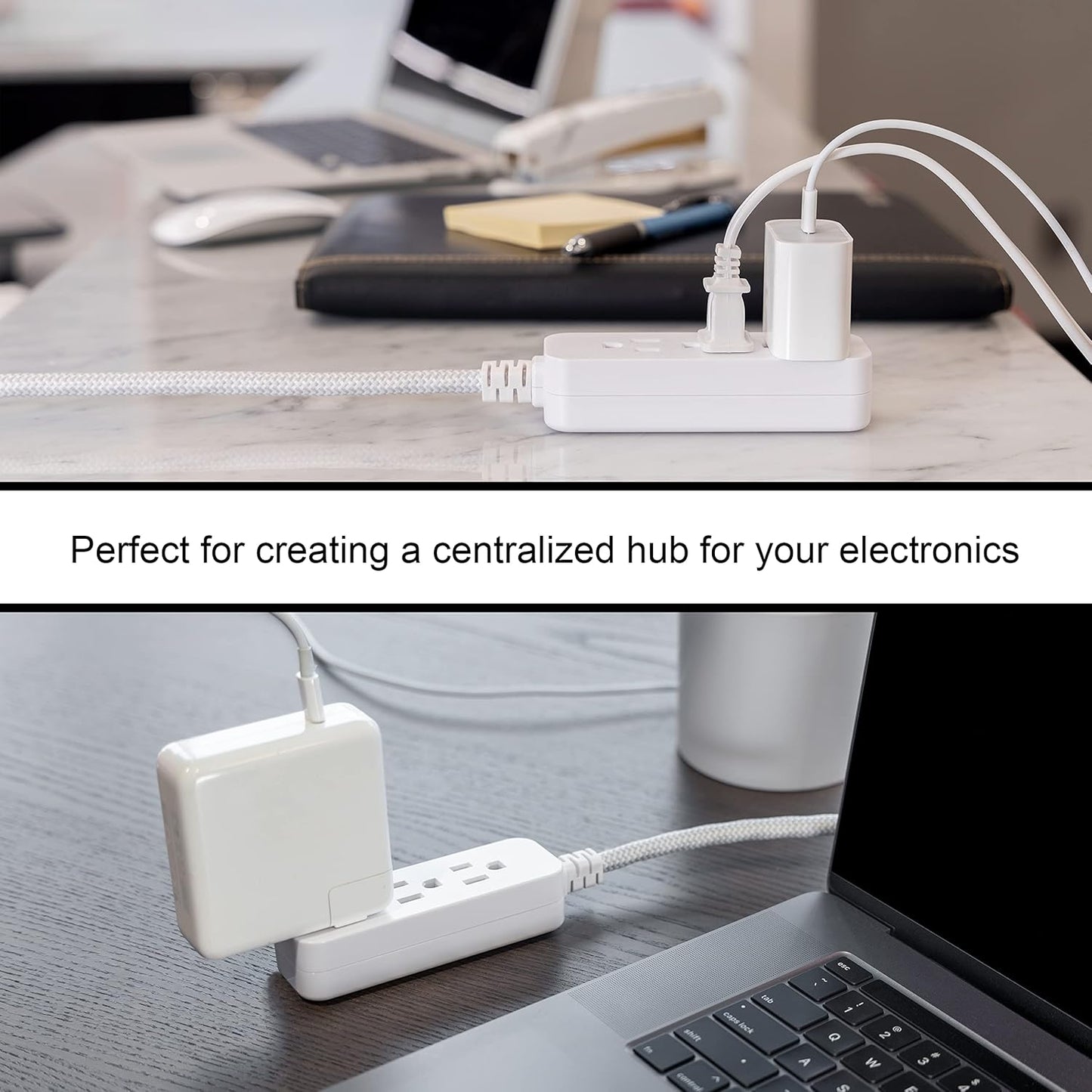 GE 3-Outlet Power Strip 8 Ft Braided Extension Cord with Multiple Outlets Grounded Flat Plug ETL Listed White 38433