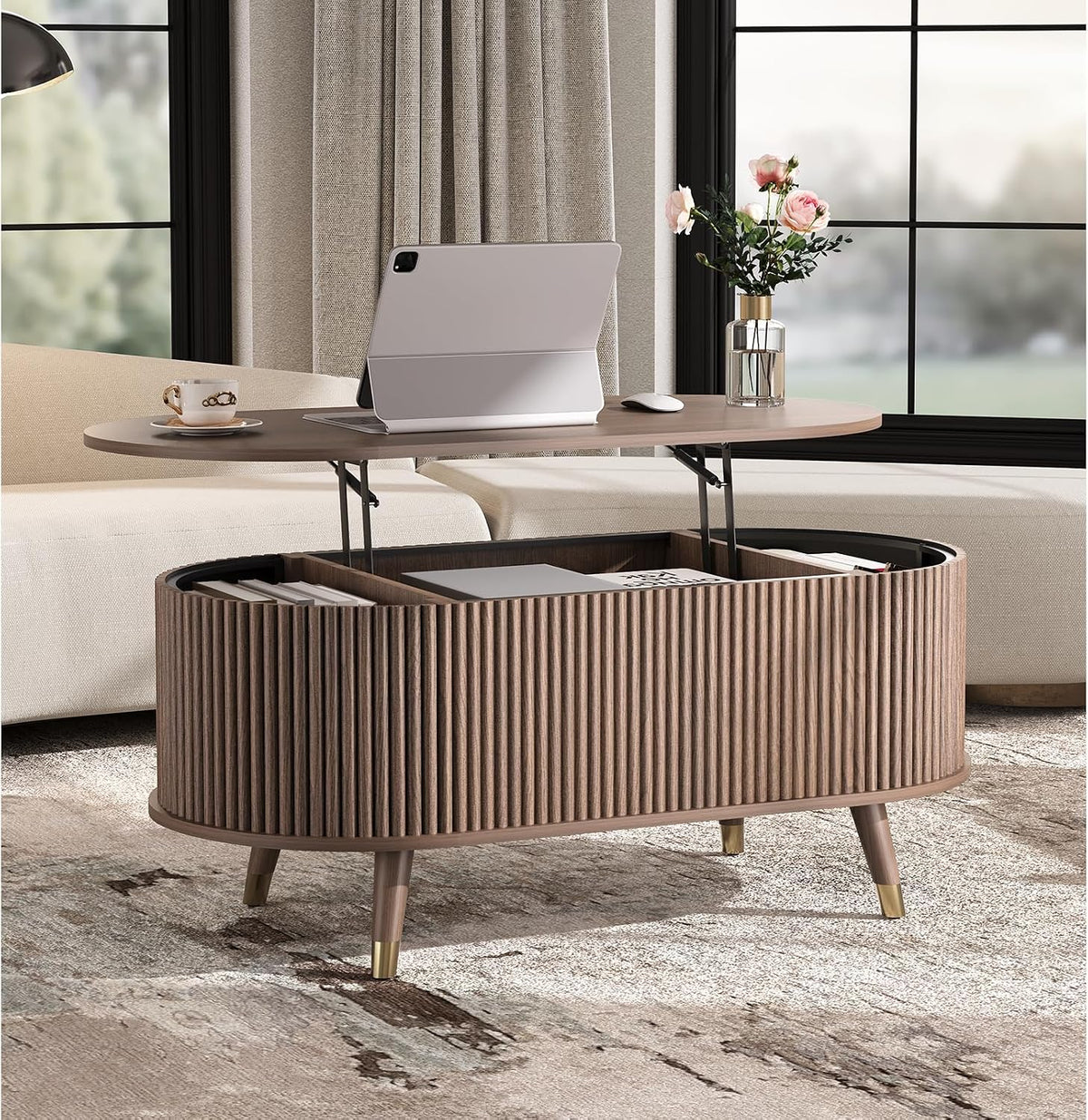 JOINICE Walnut Lift Top Coffee Table with Storage for Living Room,38"