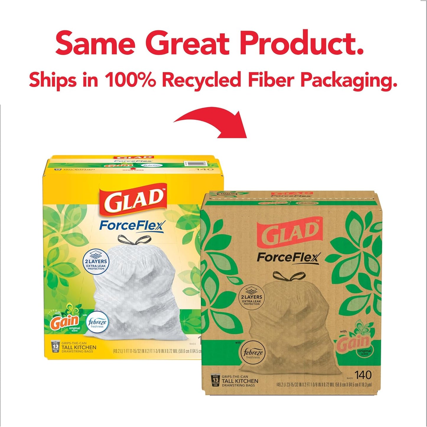 Glad ForceFlex Tall Kitchen Trash Bags, 13 Gallon, Gain Original, 140 Count (Package May Vary)