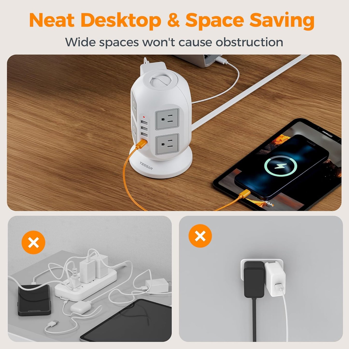 TESSAN Tower Power Strip 10 ft, Long Flat Extension Cord with Multiple Outlets, 8 AC Outlets with 4 USB Ports (1 USB C), Charging Station with, for Home Office Dorm