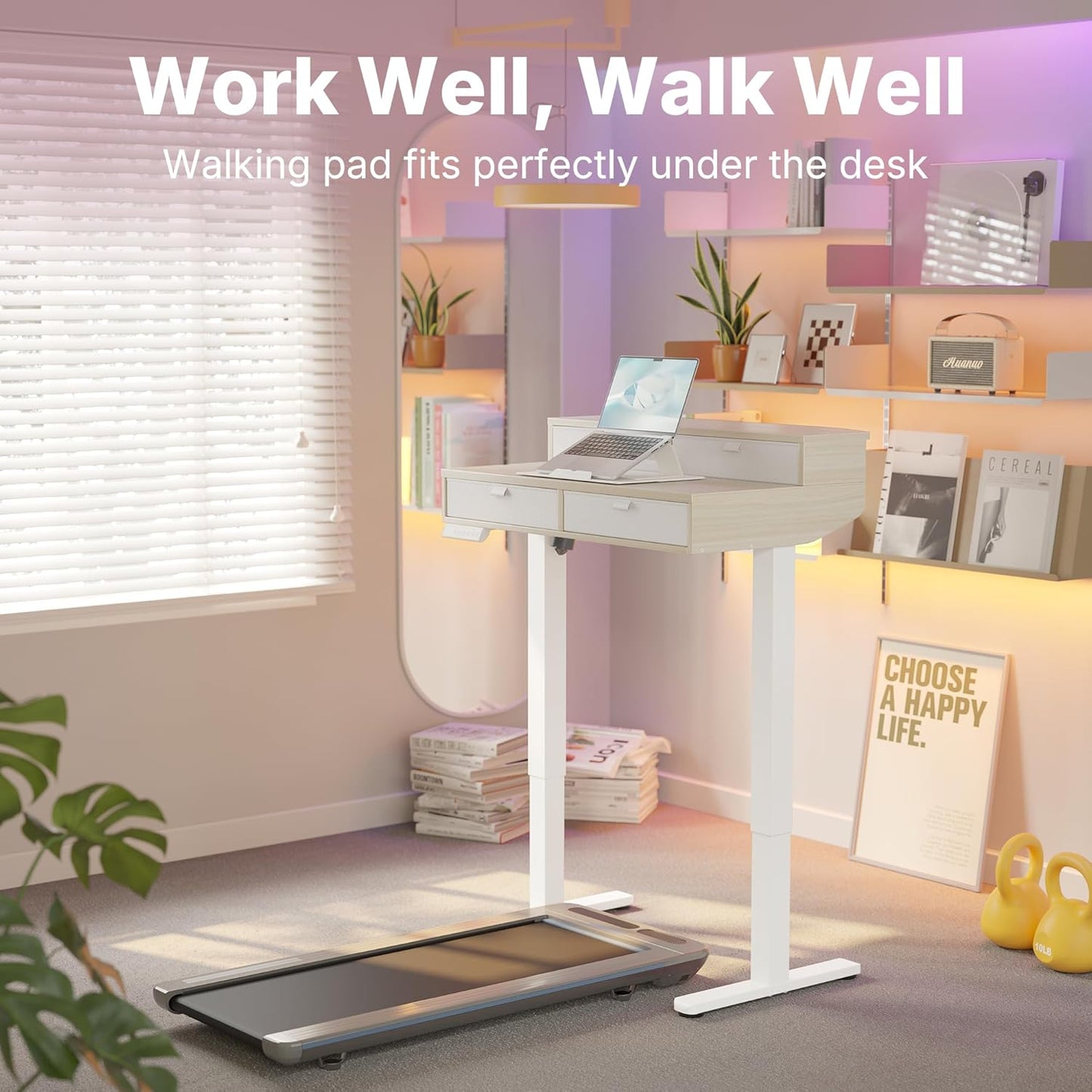HUANUO 32 X 20 inch Electric Standing Desk with 4 Drawers, Adjustable Height Sit Stand Home Office Desk, C-Clamp Mount Compatible, Ergonomic Stand up Desk with 4 Preset Heights, Natural