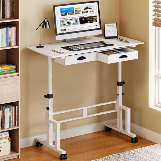 Height Adjustable Standing Desk with 2 Drawers, Small Sit Stand Up Desk with Wheels, Portable Rolling Desk for Walking Pad Treadmill, Computer Office, Adjustable 31.5"-43.3", White, Upgraded Stable