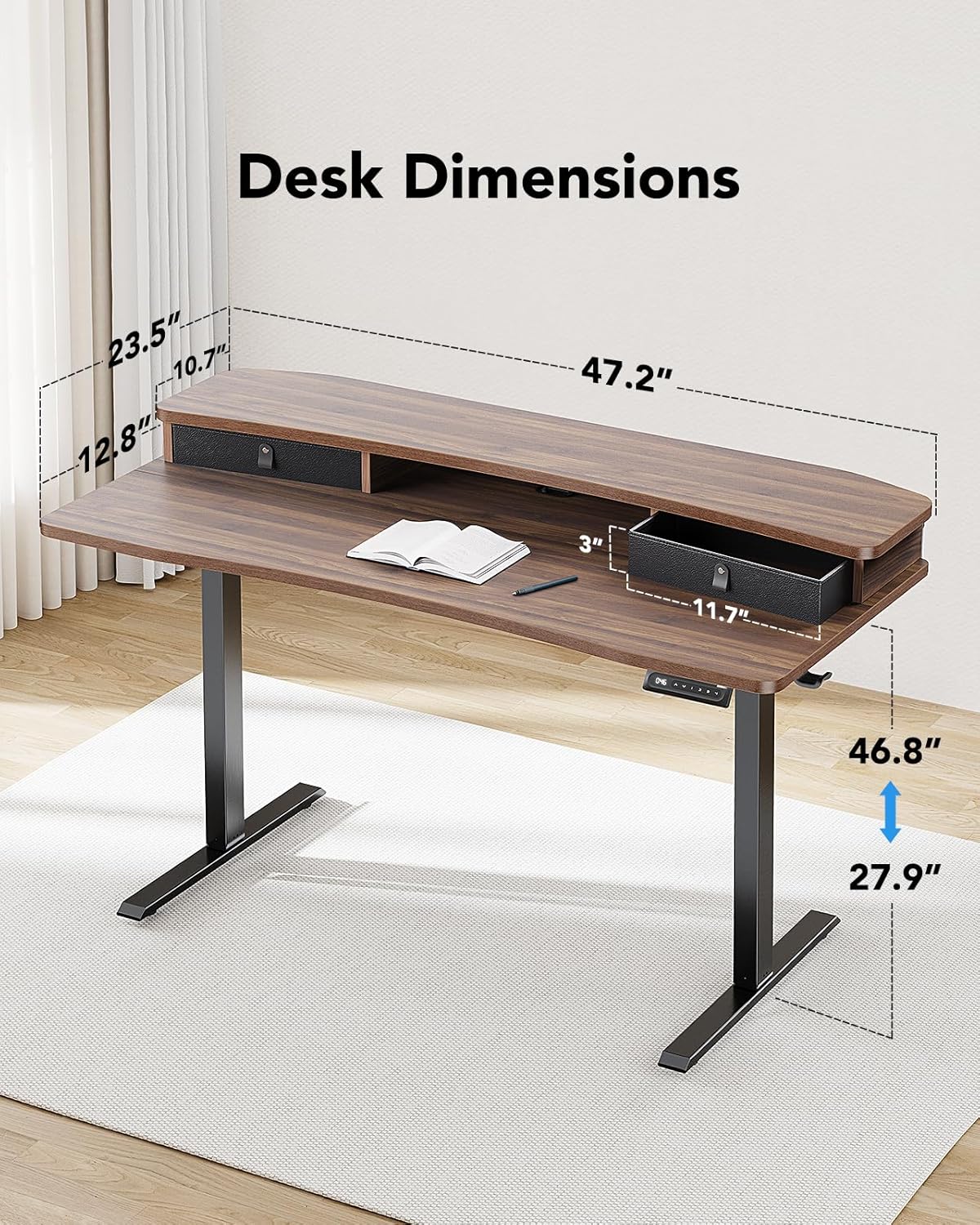 HUANUO 48″ x 24″ Electric Standing Desk with 2 Drawers, C-Clamp Mount Compatible, Height Adjustable Computer Desk, Home Office Stand Up Desk with 4 Preset Heights & 2 Hooks, Walnut