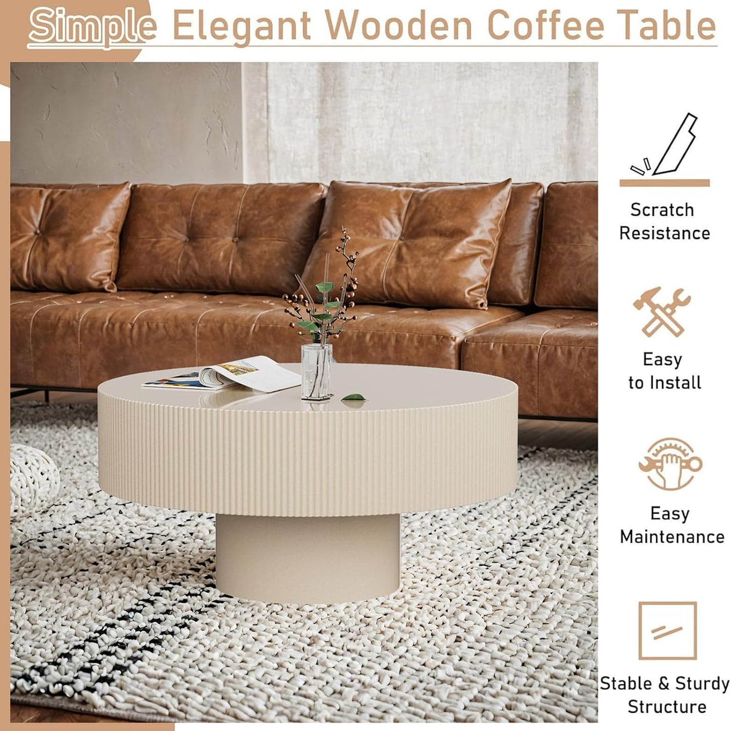 Mid Century Modern Round Fluted Coffee Table (A) | Handcraft Drum Coffee Table, Sturdy Pedestal, Wood Veneer Top, for Living Room Reception Room Farmhouse