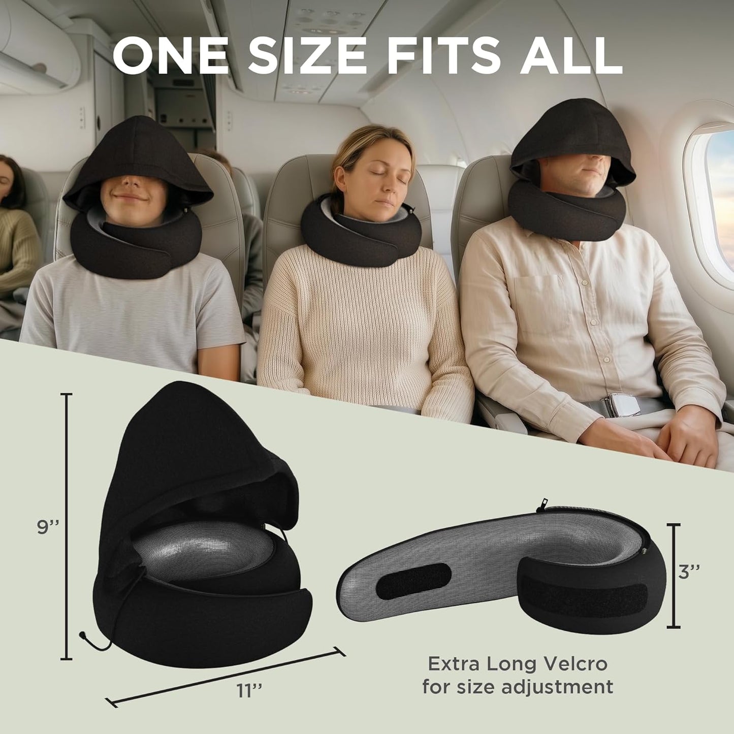 Dot&Dot Travel Pillow Neck Pillow with Hood for Airplane Sleeping, Memory Foam Pillow with Chin Support, Detachable Hoodie, Washable Cover, Adjustable Velcro Fit for Flights, Car & Office