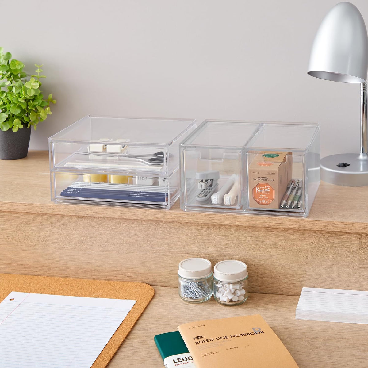 STORi Stackable Desk Organizer Drawers, Clear Pen Pencil Makeup Brush Holder for Desktops and Vanities, 4 Multi-size Drawers (Made in USA)
