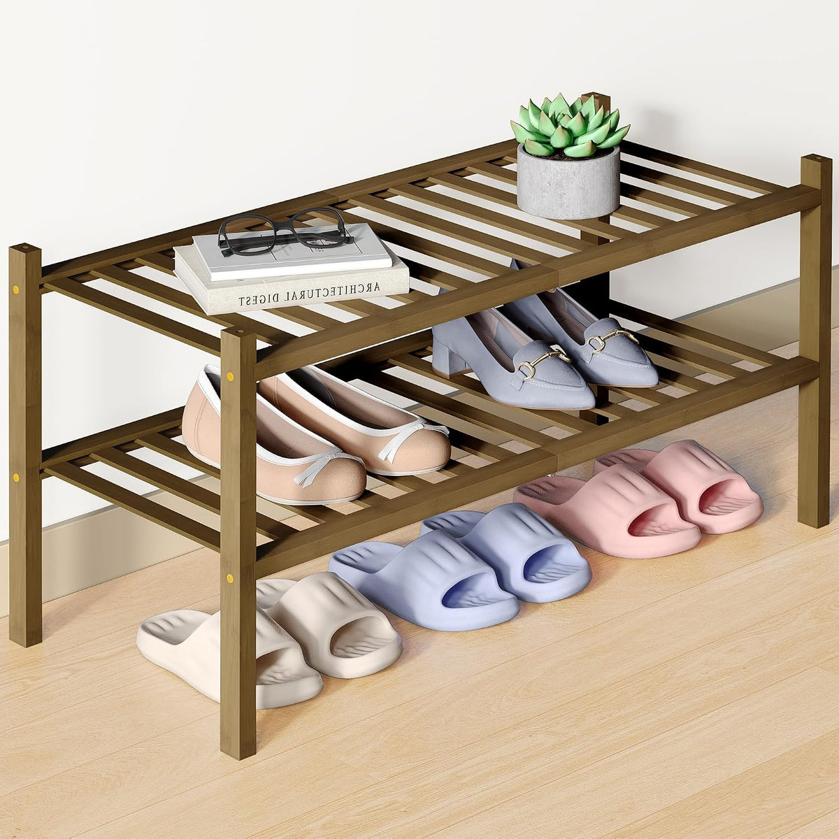 Smiry Bamboo Shoe Rack for Closet, 2 Tier - 26.77" Wide, Walnut
