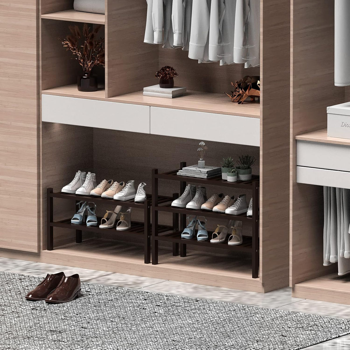 ROMGUAR CRAFT 3 Tier (Thick) Bamboo Shoe Rack for Closet Free Standing Wood Shoe Shelf for Entryway Small Space Stackable 27"x12"x21" (Black Brown)