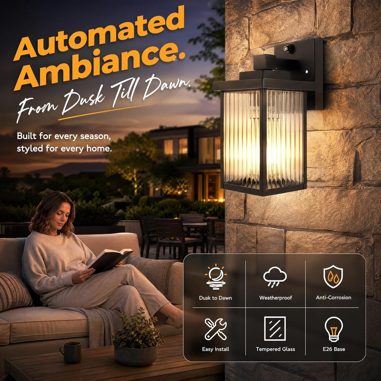 Dusk to Dawn Outdoor Wall Light Fixture, Waterproof Exterior Porch Light with Tempered Glass, Wall Lantern for House Front Door Garage Patio
