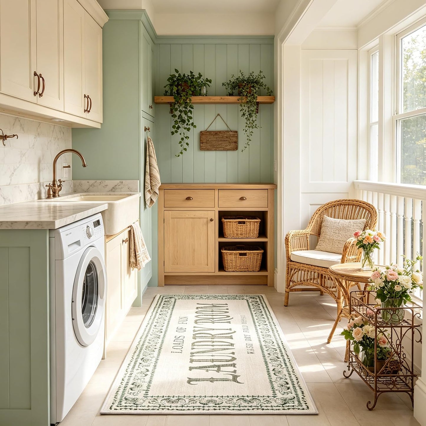Laundry Room Rug 20"x47", Washable Boho Laundry Runner Rug with Non-Slip TPE Backing, Faux Wool Laundry Mat for Washer and Dryer, Soft Low-Profile Laundry Room Decor Rug for Kitchen, Hallway, Beige