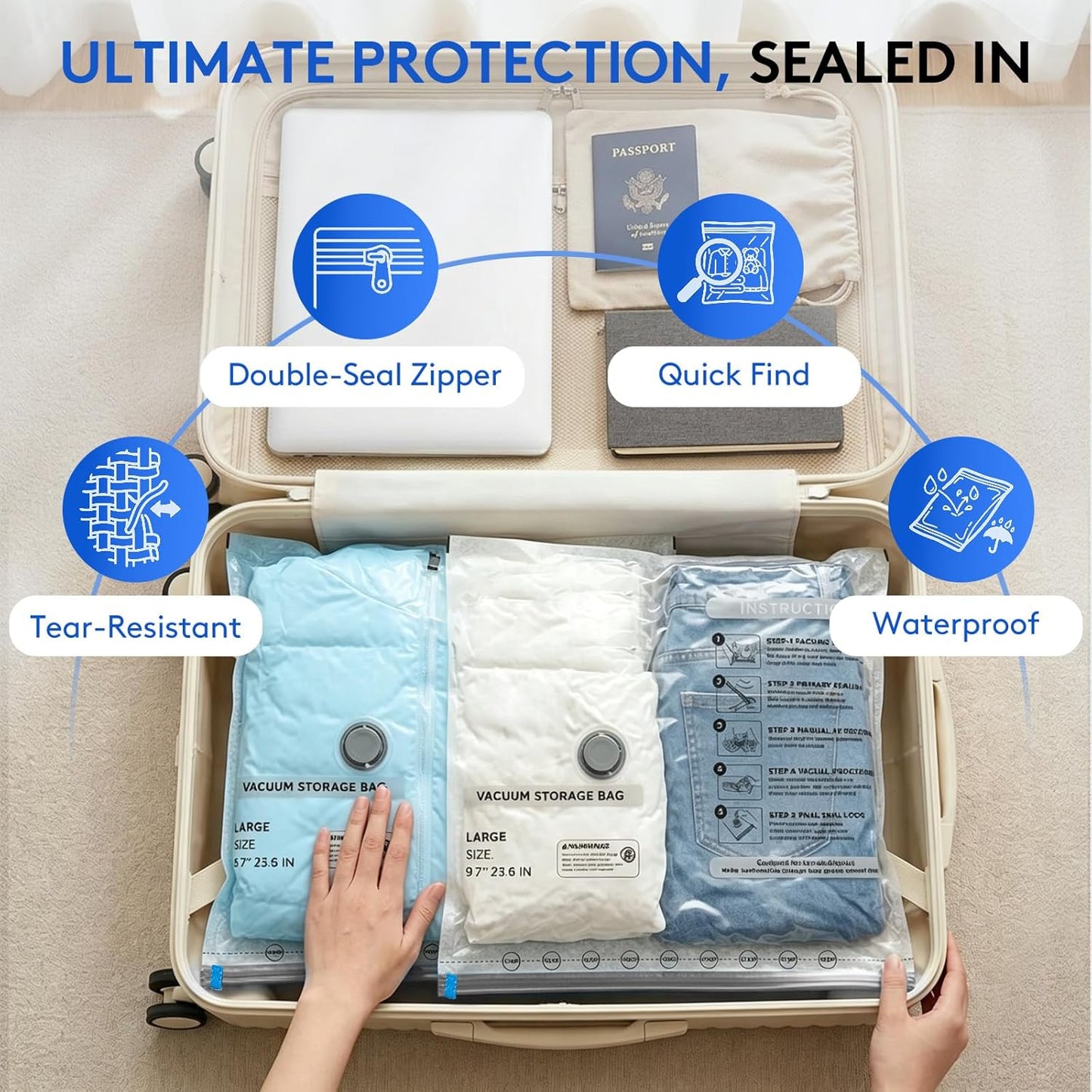15 Packs Vacuum Bags for Travel with Rechargeable Pump, 3 Sizes Vacuum Seal Bags for Clothing, Compression Vacuum Travel Bags for Luggage, Vacuum Packing Bags for Closet Organization