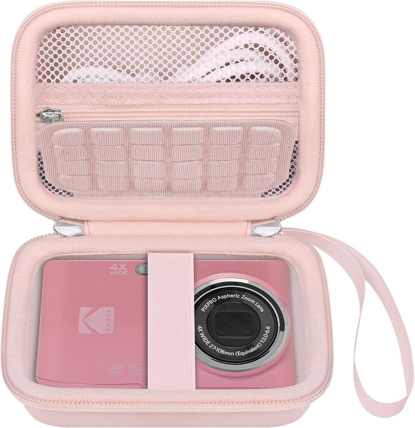 Elonbo Camera Carrying Case for KODAK PIXPRO FZ55 / FZ53 / FZ45 / FZ43 16MP Digital Camera, Vlogging Camera Storage Holder Travel Bag, Mesh Bag Fits Batteries, Cable, Memory Card, Card Reader, Pink
