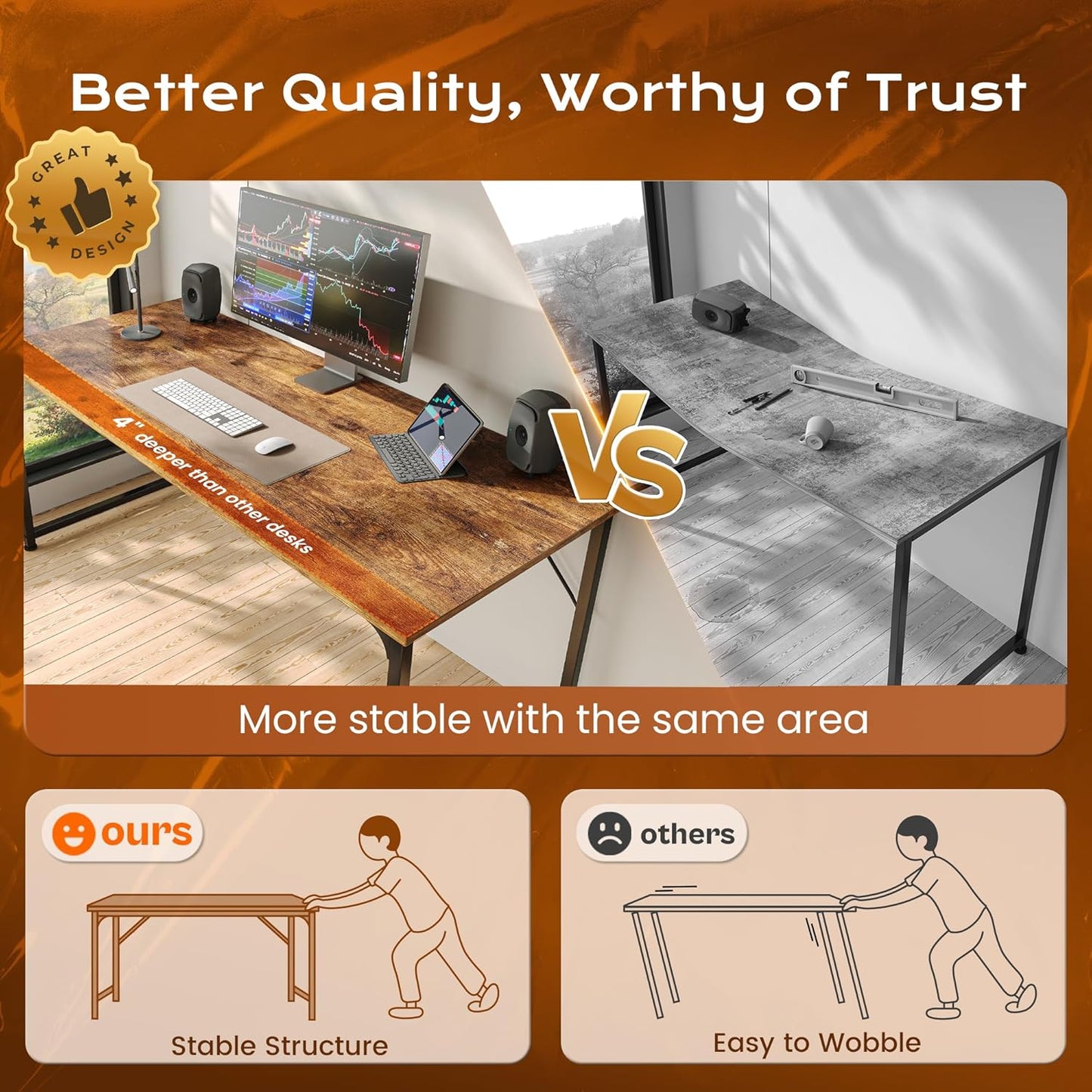 PRAISUN 55 X 24 Inch Computer Desk with Deeper Desktop, Gaming Office Writing Work Desk for Home Office, Study, Bedroom, Work from Home, Metal Frame, Rustic Brown