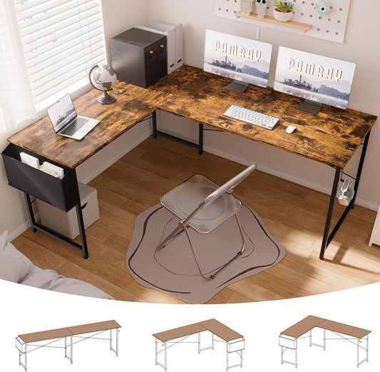 Pamray 64.5 Inch Reversible L Shaped Gaming Desk Large Corner Computer Desk with Storage Bag Home Office Table for Writing Study Vintage
