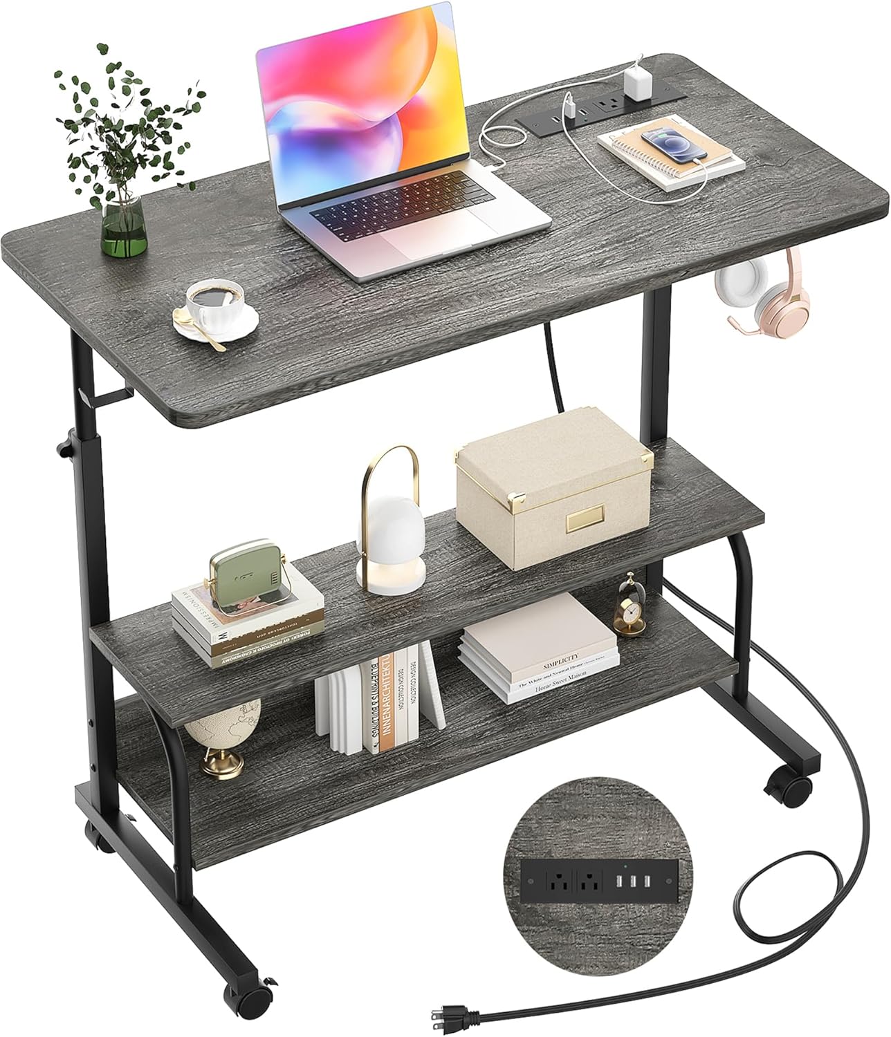 Armocity Rolling Standing Desk with Charging Station, Portable Height Adjustable Mobile Computer Desk with Wheels & 2-Tier Shelves & Hooks, Easy Assembly Laptop Table for Couch Bed, 32" Grey Oak