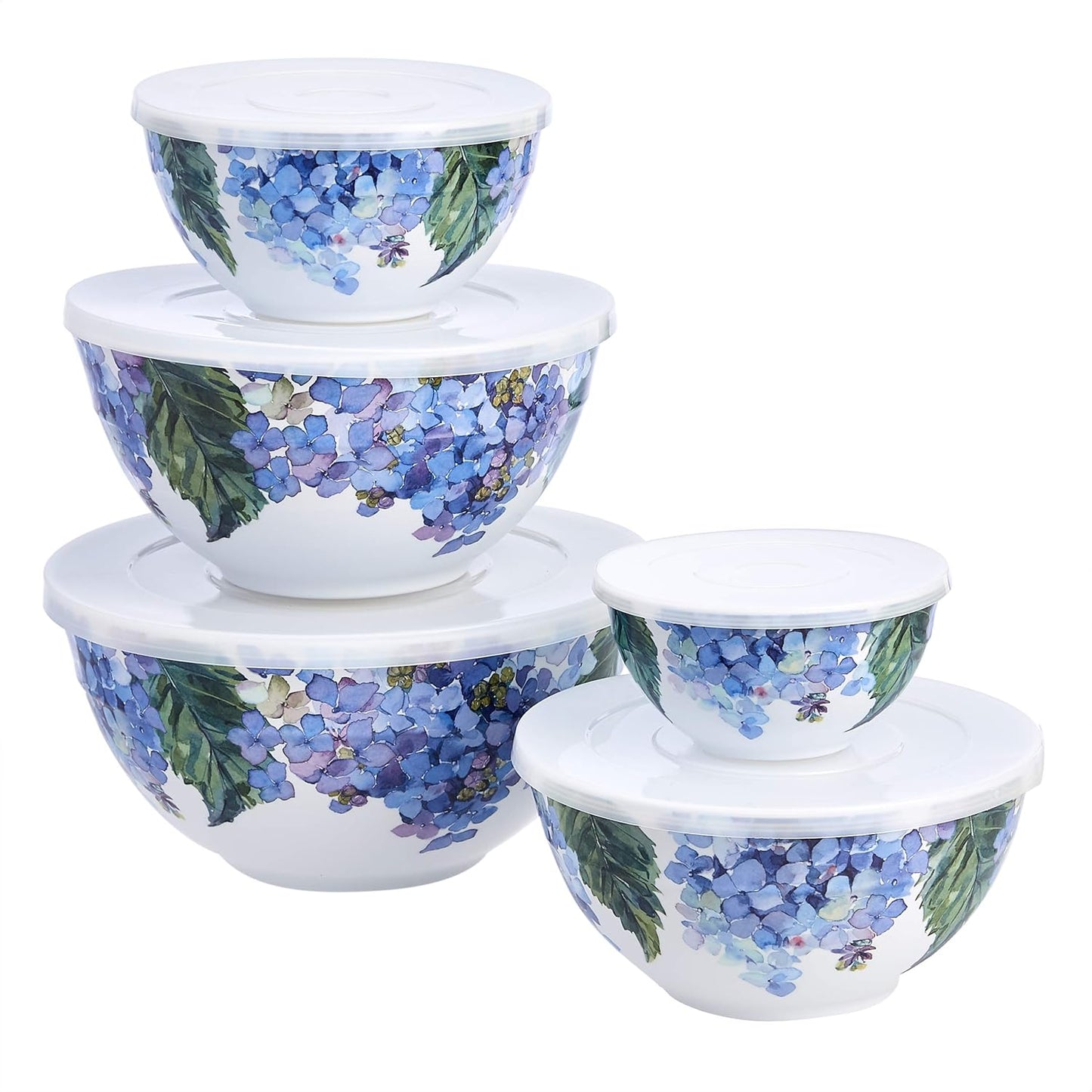 Amazon Basics Mixing Bowls with Lids, Nesting Melamine Serving Bowls, Non-Slip Base, BPA Free, Dishwasher Safe, 5 Sizes, Blue and White Floral, Set of 10
