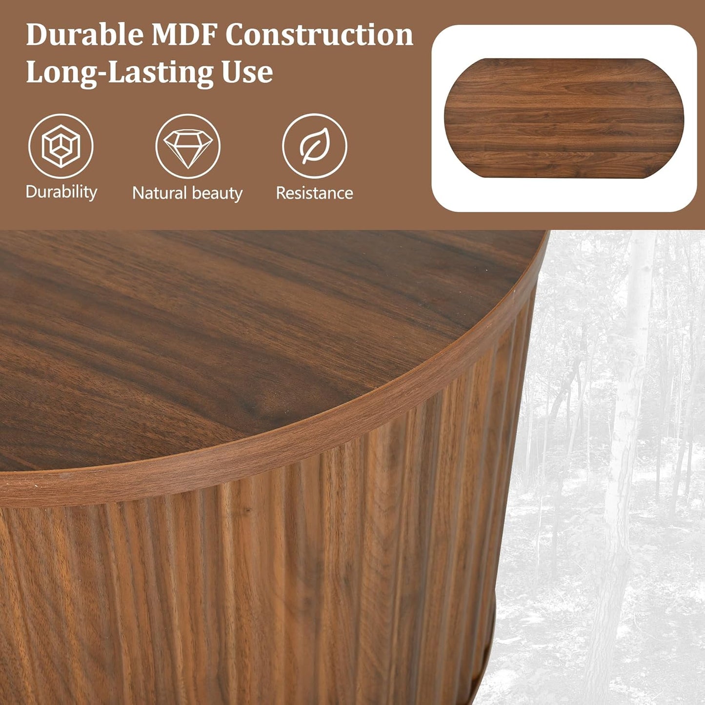 47.2" Lift Top Coffee Table with Hidden Compartment, Modern Oval Fluted Wooden Center Table Cocktail Tea Table with Curved Safety Corners and Adjustable Height for Living Room, Brown