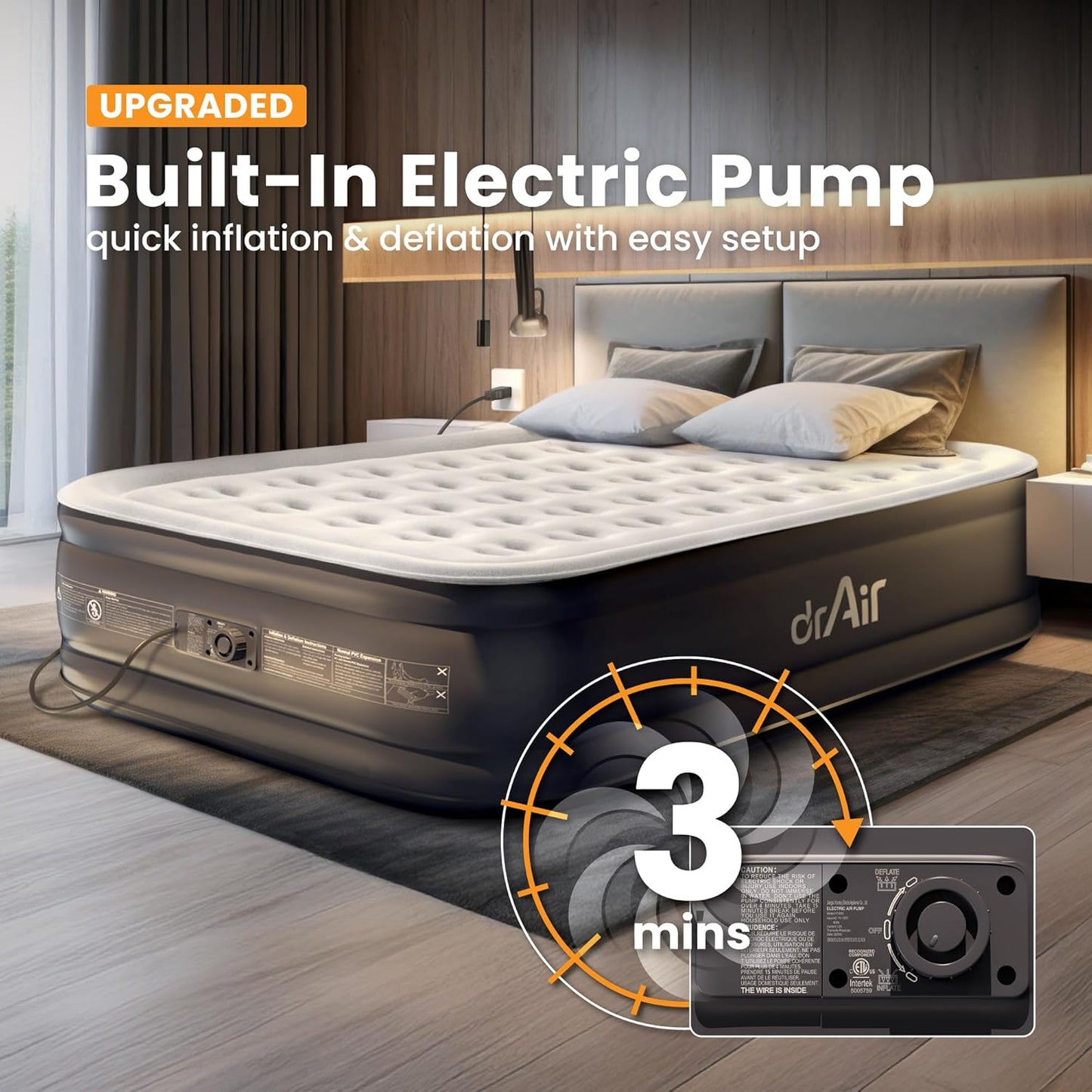 Dr. air Queen Air Mattress with Built-in Pump, 18" Raised Blow Up Mattress, 800 lbs Max Honeycomb Air Bed, 48Hr Leak-Proof Test, 3min Inflatable Mattress for Home, Guests, Camping, Colchones inflables