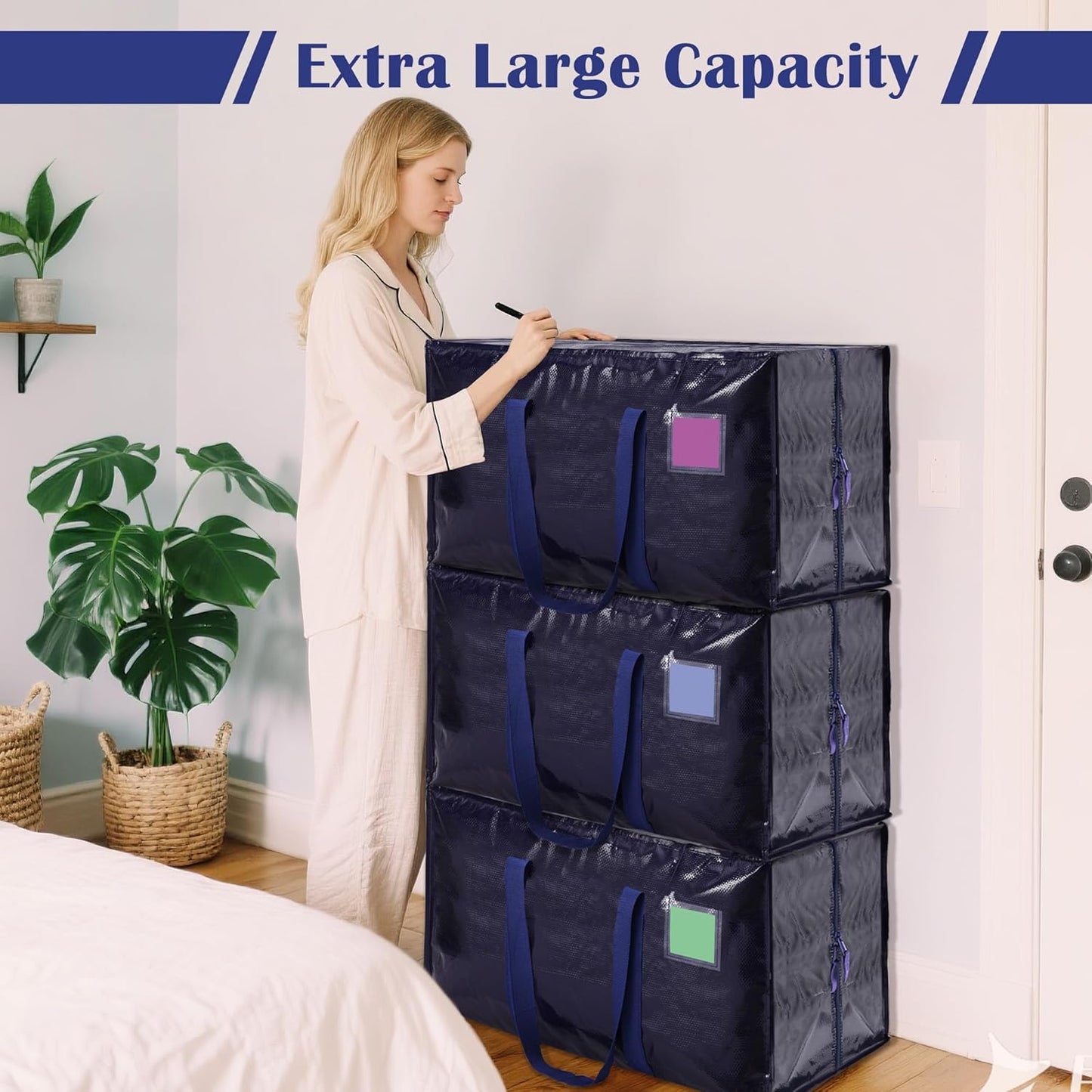 6 Pack Moving Bags Heavy Duty 210GSM with Full-Open Side Zipper, 93L 65lbs Waterproof Foldable Storage Totes for College Dorm Move-In, Moving Boxes Alternative & Home Organization, Blue