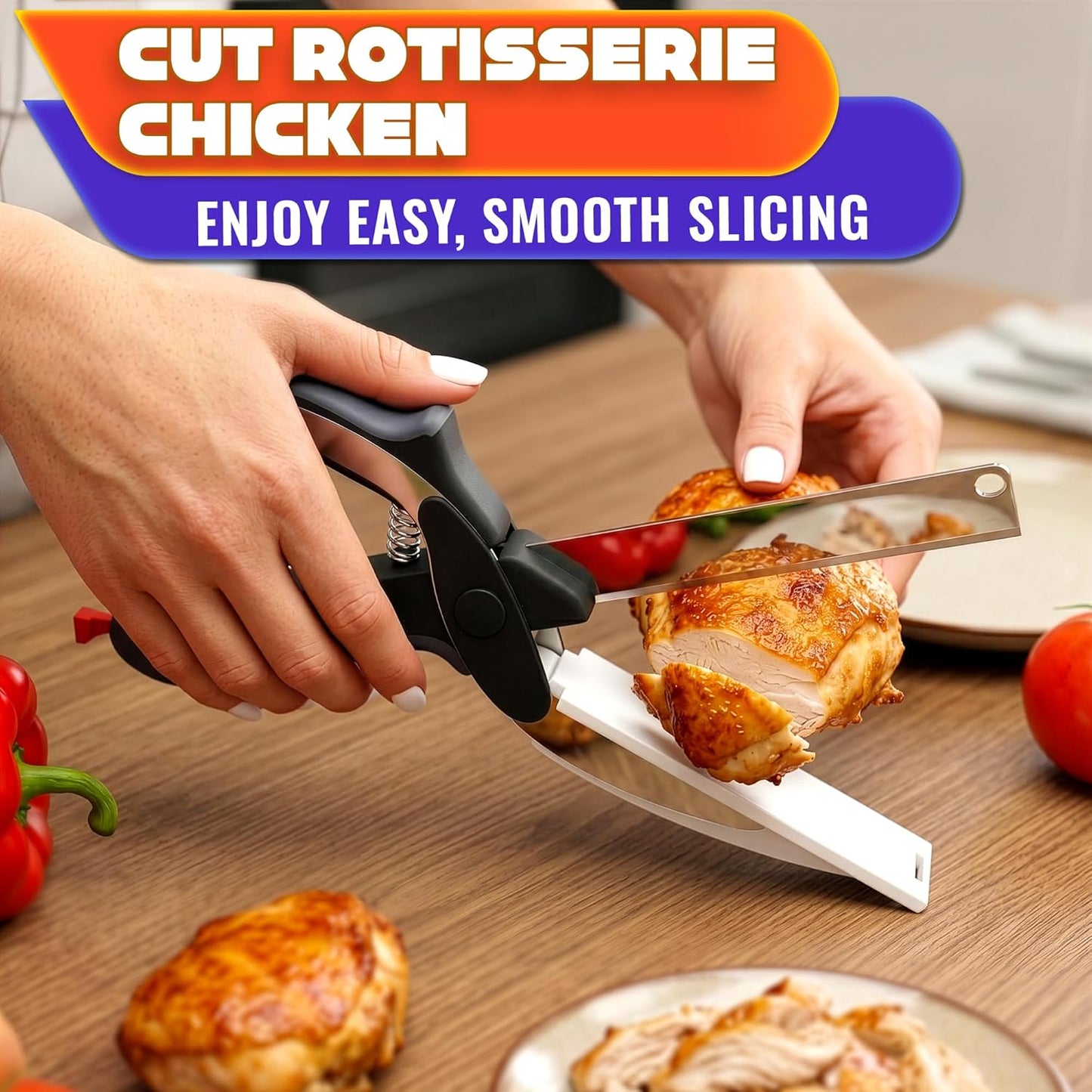 2 in 1 Kitchen Scissors for Food – Stainless Steel 9.5" Tomato Knife Chops Vegetables, Fruit, Cheese, Meat in Seconds | Dishwasher Safe Cutting Board Scissors with Safety Lock – Kitchen Gift for Dad
