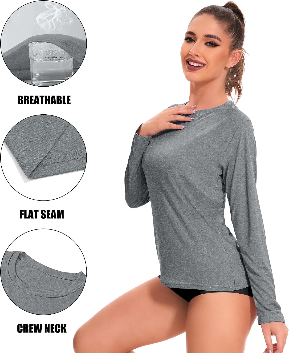 Kinglaman 6 Pack Women's Long Sleeve Workout Dry Fit Shirts, UPF 50+ Rash Guard SPF UV Sun Protection Swim Tee Shirts