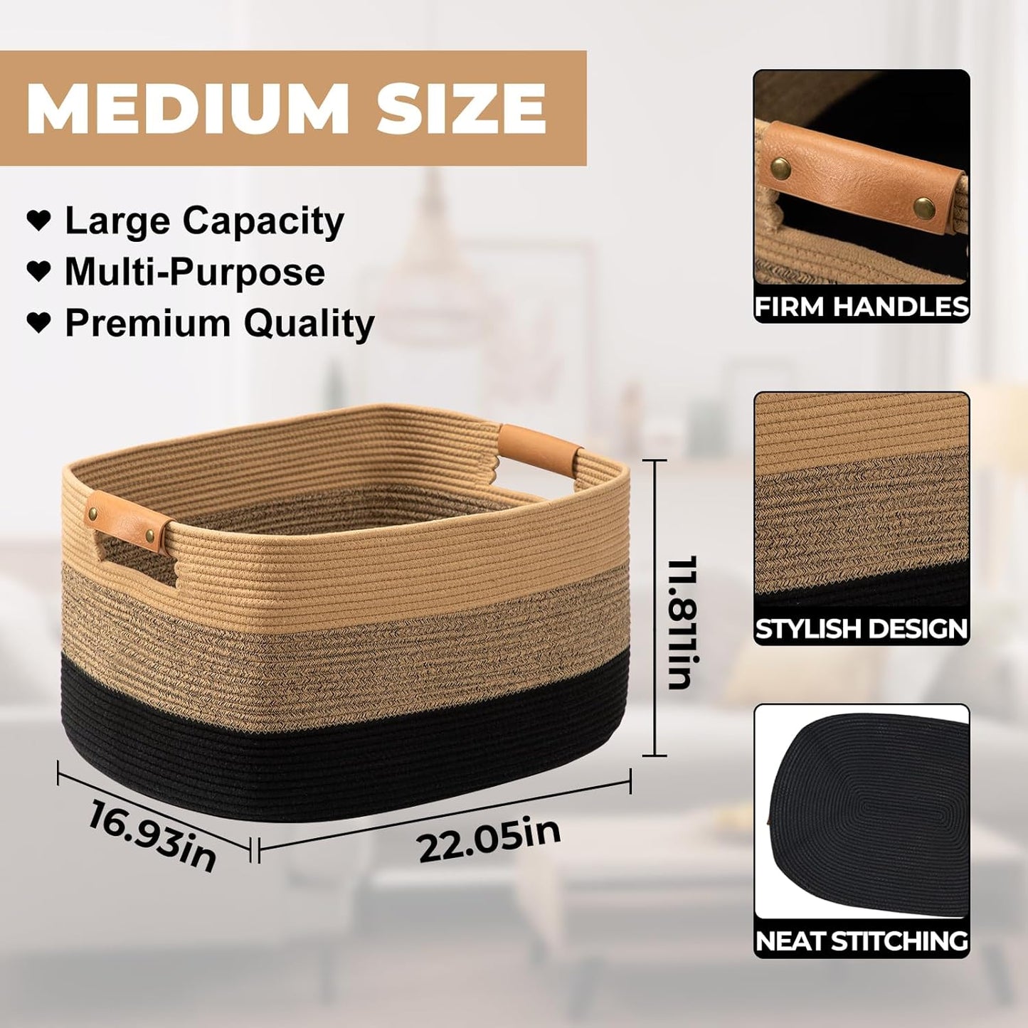 danpinera Large Blanket Basket for Living Room,72 L Rectangle Toy Storage Basket for Nursery Room, Woven Rope Storage Box with Leather Handle, 22’’*17’’*11.8’’, Gradient Linen