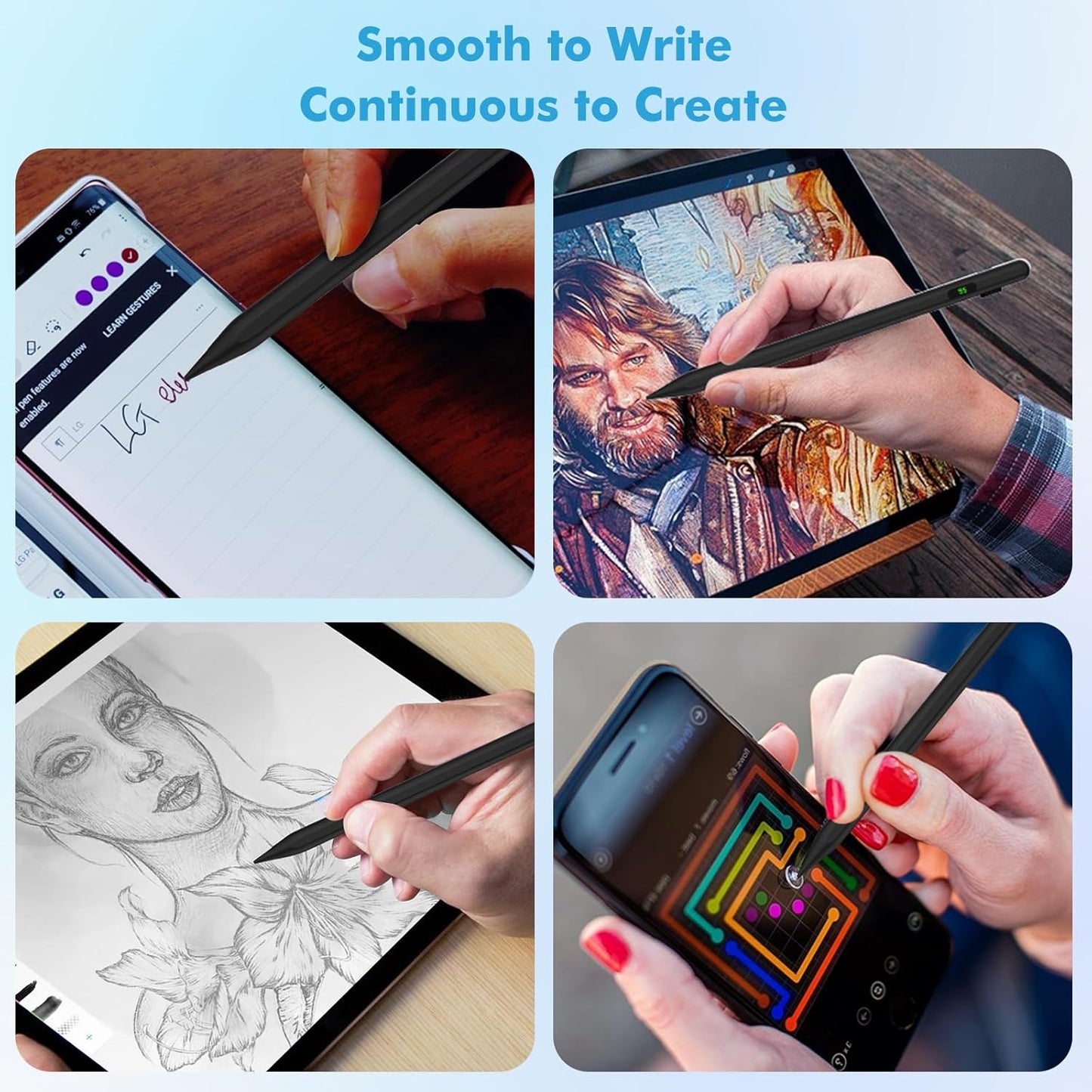 MoKo Stylus Pen for Touch Screen, Active Universal Stylus Pen Compatible with iPad/iPhone/Samsung/Tablet Devices and Other iOS/Android Smartphone, Tablet Pen with Power Display, Black