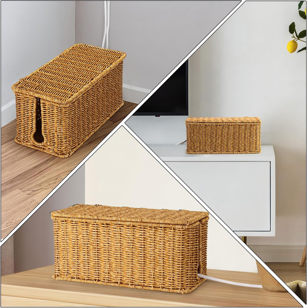 ZhiYo Rattan Cable Management Box, Cord Organizer, Nature, 13.5"x6.2"x6"
