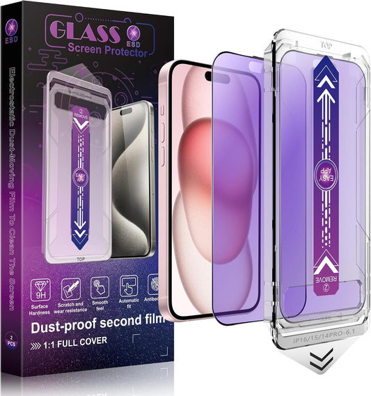 2 Pack Anti Blue Light Matte Screen Protector for iPhone 16 and iPhone 15 and iPhone 14 Pro 6.1-Inch Auto Dust Removal, No Bubbles, Tempered Glass Film, Easy Installation