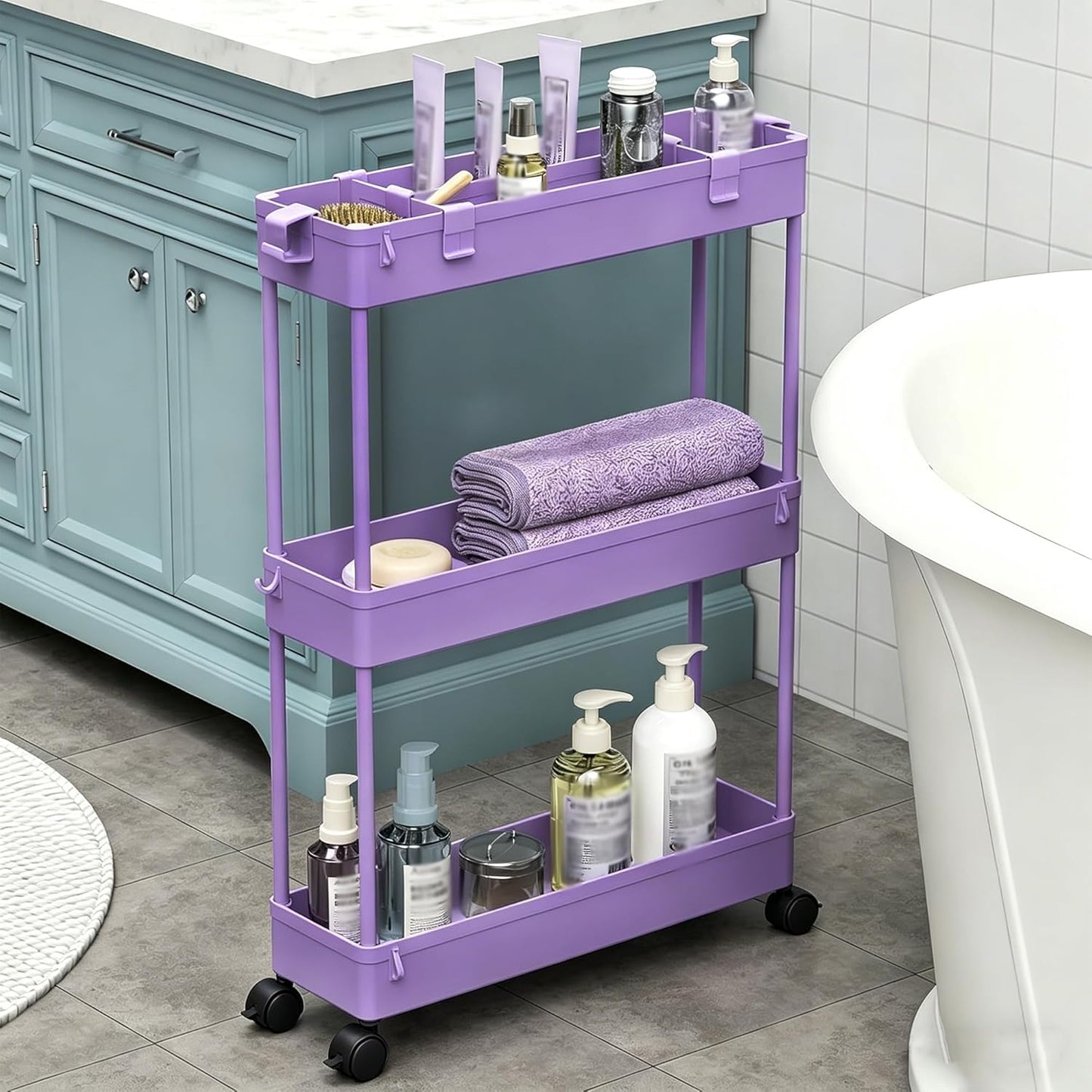 SPACELEAD Slim Storage Cart 3 Tier,Bathroom Organizer Rolling Utility,Mobile Shelving Unit Slide Out for Office, Kitchen, Laundry Room & Narrow Places,Purple