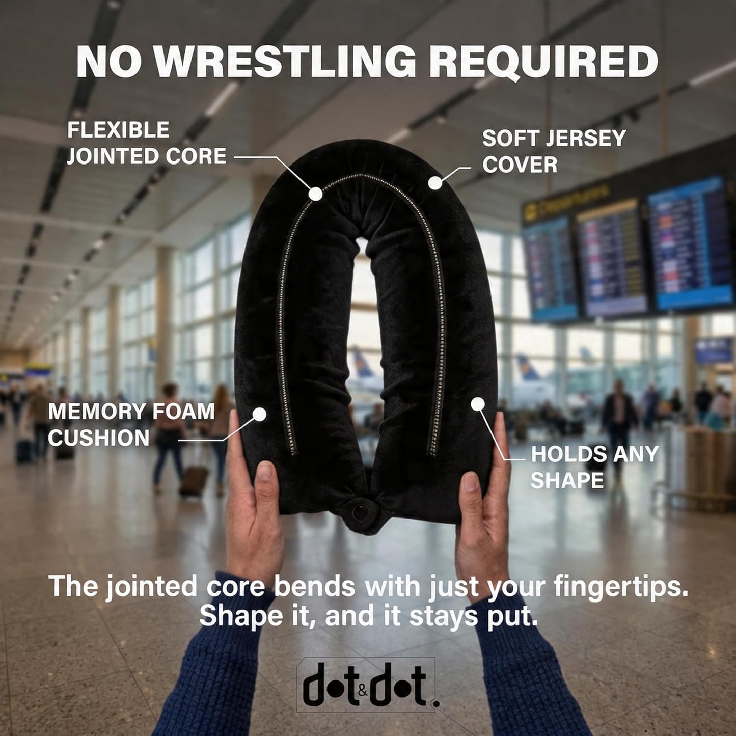 Dot&Dot Twist Memory Foam Travel Pillow for Airplanes - Travel Neck Pillow for Sleeping - Airplane Pillow for Neck Support, Chin, Lumbar and Leg - Adjustable, Bendable Neck Roll Pillow (Onyx)